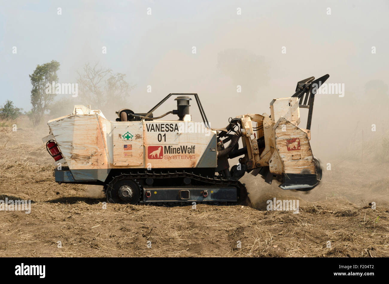 Angola, Mine Wolf Systems radio controlled automated mine clearance machine 'Vanessa' looking for unexploded ordenance. Stock Photo
