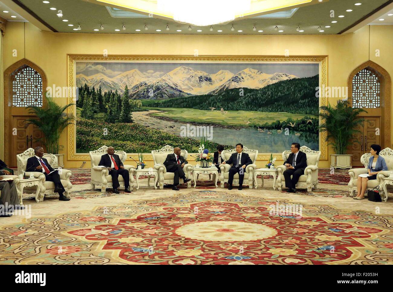 Beijing, China. 9th Sep, 2015. Chinese Vice President Li Yuanchao (3rd R) meets with Botswana's former President Festus Mogae (3rd L), Mozambique's former President Armando Guebuza (2nd L) and South African former President Thabo Mbeki (1st L) in Beijing, capital of China, Sept. 9, 2015. © Liu Weibing/Xinhua/Alamy Live News Stock Photo