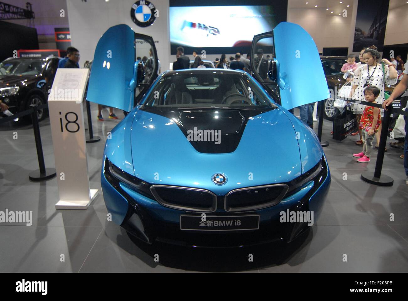 Qingdao. 9th Sep, 2015. Photo taken on Sept. 9, 2015 shows a BMW i8 sports car at Qingdao Autumn International Auto Show 2015 in Qingdao, east China's Shandong Province. The six-day auto show, which kicked off here Wednesday, attracted more than 100 domestic and overseas automakers. Over 30 automakers released their new cars during the show. © Wang Haibin/Xinhua/Alamy Live News Stock Photo