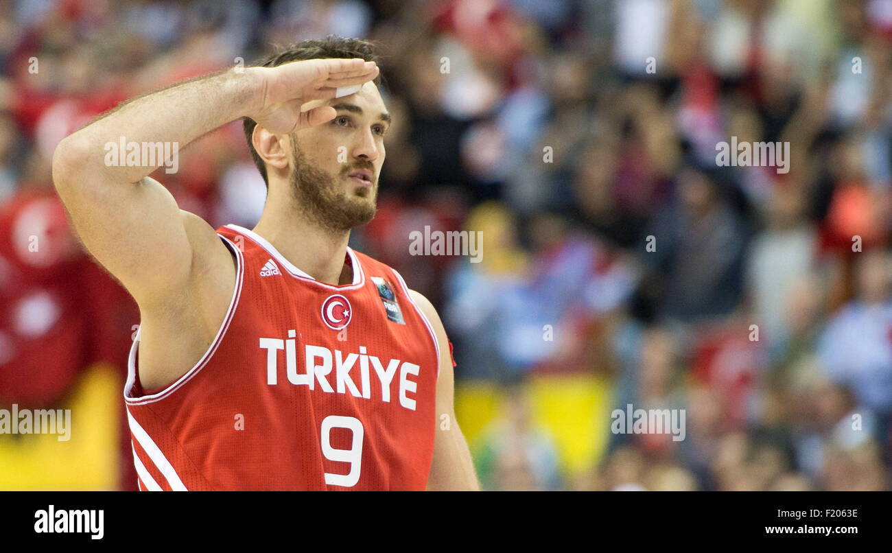 Berlin, Germany. 08th Sep, 2015. Turkey's Semih Erden reacts during the FIBA EuroBasket 2015 Group B match between Germany and Turkey, at the Mercedes-Benz-Arena in Berlin, Germany, 08 September 2015. Germany lost 75:80. Photo: Lukas Schulze/dpa/Alamy Live News Stock Photo