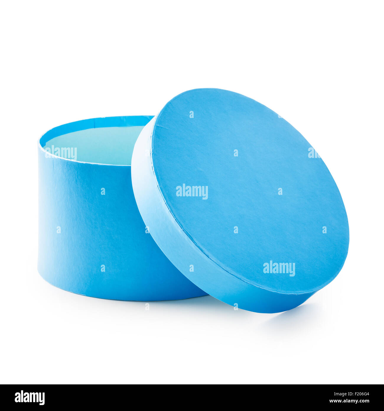 Open blue round gift box. Holiday present. Object isolated on white