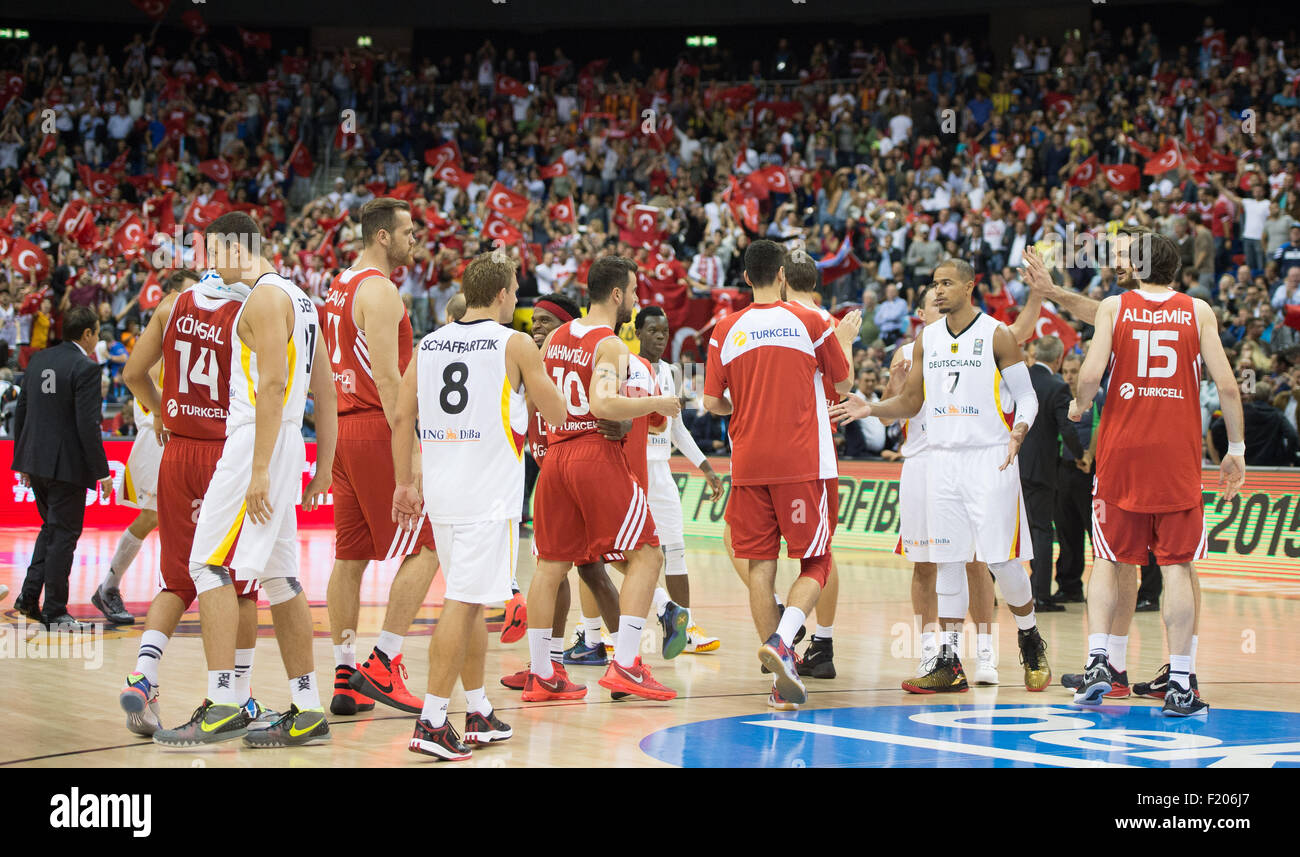 Berlin, Germany. 08th Sep, 2015. The players of team Turkey and team German shake hands after the FIBA EuroBasket 2015 Group B match between Germany and Turkey, at the Mercedes-Benz-Arena in Berlin, Germany, 08 September 2015. Turkey won 75:80. Photo: Lukas Schulze/dpa/Alamy Live News Stock Photo