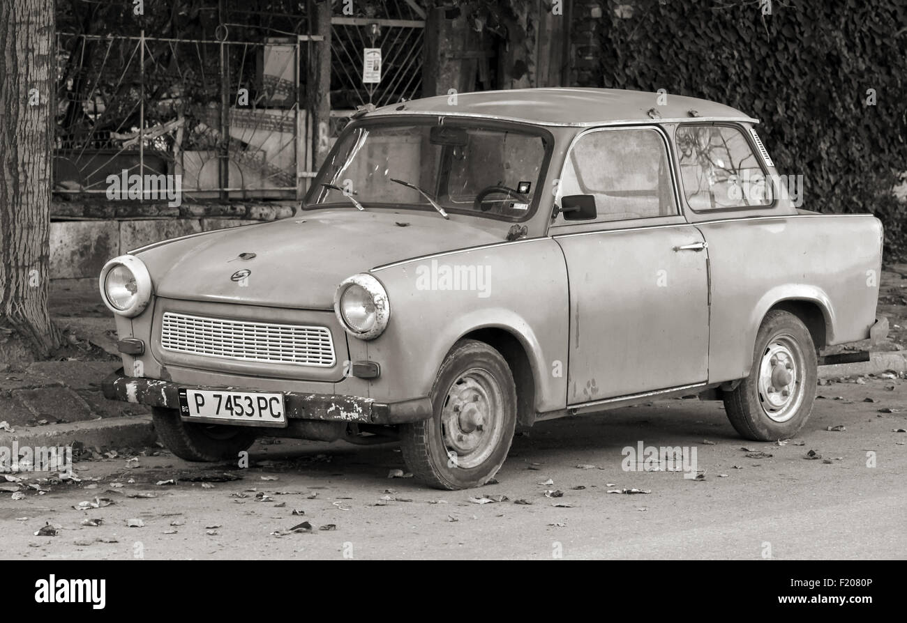 Ruse, Bulgaria - September 29, 2014: Old Trabant 601s car stands parked on a street side. It was the most common vehicle in East Stock Photo