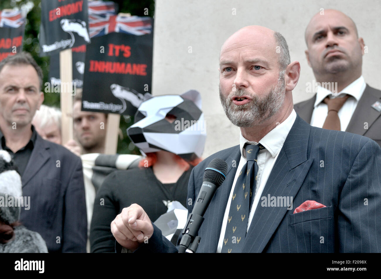 Peter Martin, Chairman of the Badger Trust, speaking at the Protest Against the Failing Badger Cull Policy, Westminster, 8th Sep Stock Photo