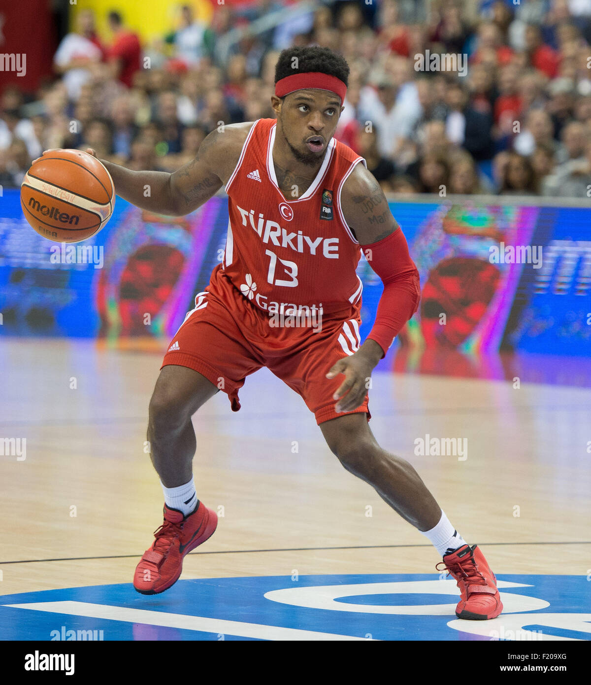 Berlin, Germany. 08th Sep, 2015. Turkey's Ali Muhammed dribbles the ball during the FIBA EuroBasket 2015 Group B match between Germany and Turkey, at the Mercedes-Benz-Arena in Berlin, Germany, 08 September 2015. Germany lost 75:80. Photo: Lukas Schulze/dpa/Alamy Live News Stock Photo