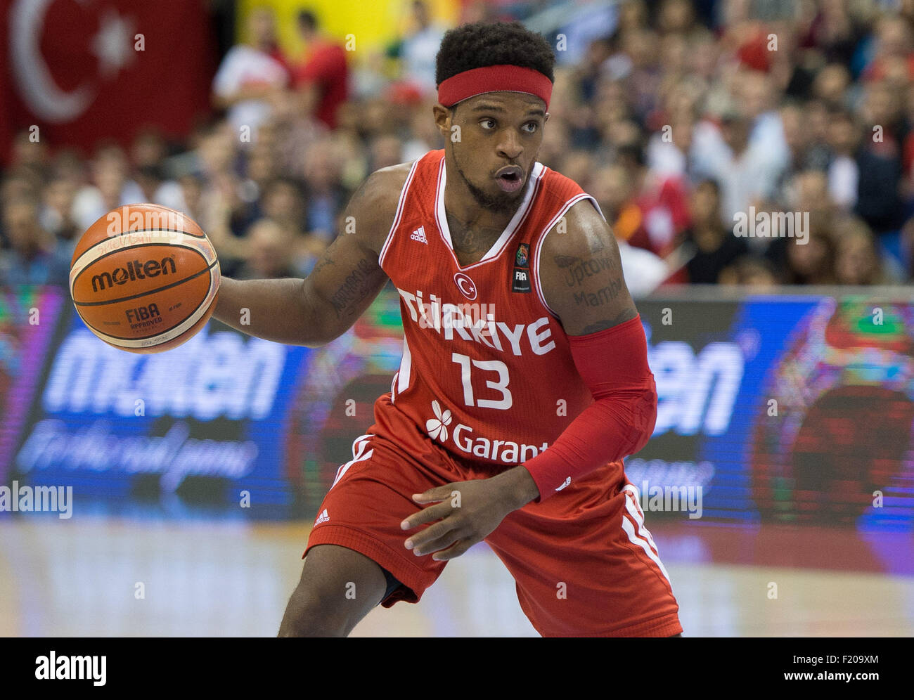 Berlin, Germany. 08th Sep, 2015. Turkey's Ali Muhammed dribbles the ball during the FIBA EuroBasket 2015 Group B match between Germany and Turkey, at the Mercedes-Benz-Arena in Berlin, Germany, 08 September 2015. Germany lost 75:80. Photo: Lukas Schulze/dpa/Alamy Live News Stock Photo