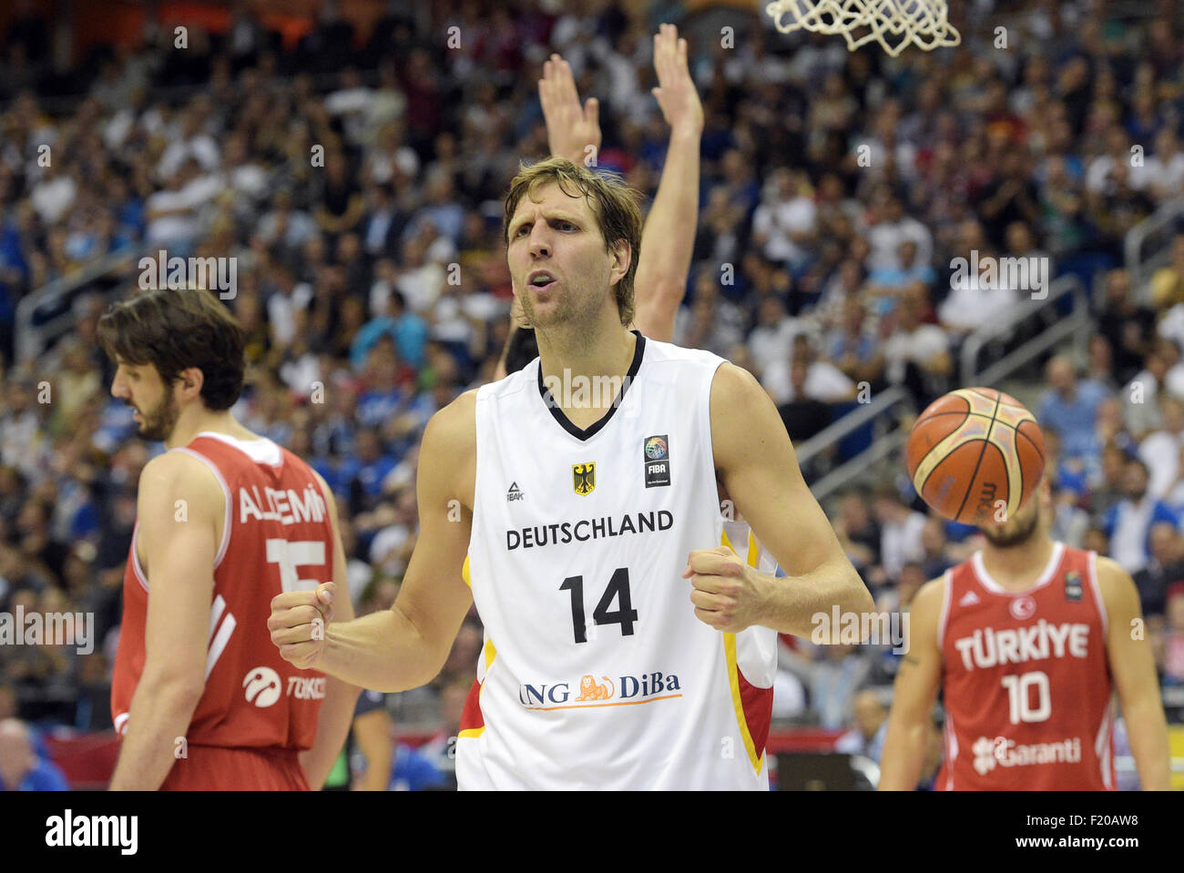 Berlin, Germany. 8th Sep, 2015. Germany's Dirk Nowitzki reacts during the the FIBA EuroBasket 2015 Group B match Germany vs Turkey in Berlin, Germany, 8 September 2015. Germany lost 75:80. Photo: Rainer Jensen/dpa/Alamy Live News Stock Photo