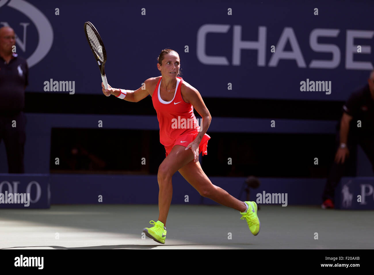 New York, USA. 08th Sep, 2015. Roberta Vinci of Italy in action against France's Kristina Mladenovic during their quarterfinal match at the U.S. Open in Flushing Meadows, New York on the afternoon of September 8th, 2015. Credit:  Adam Stoltman/Alamy Live News Stock Photo