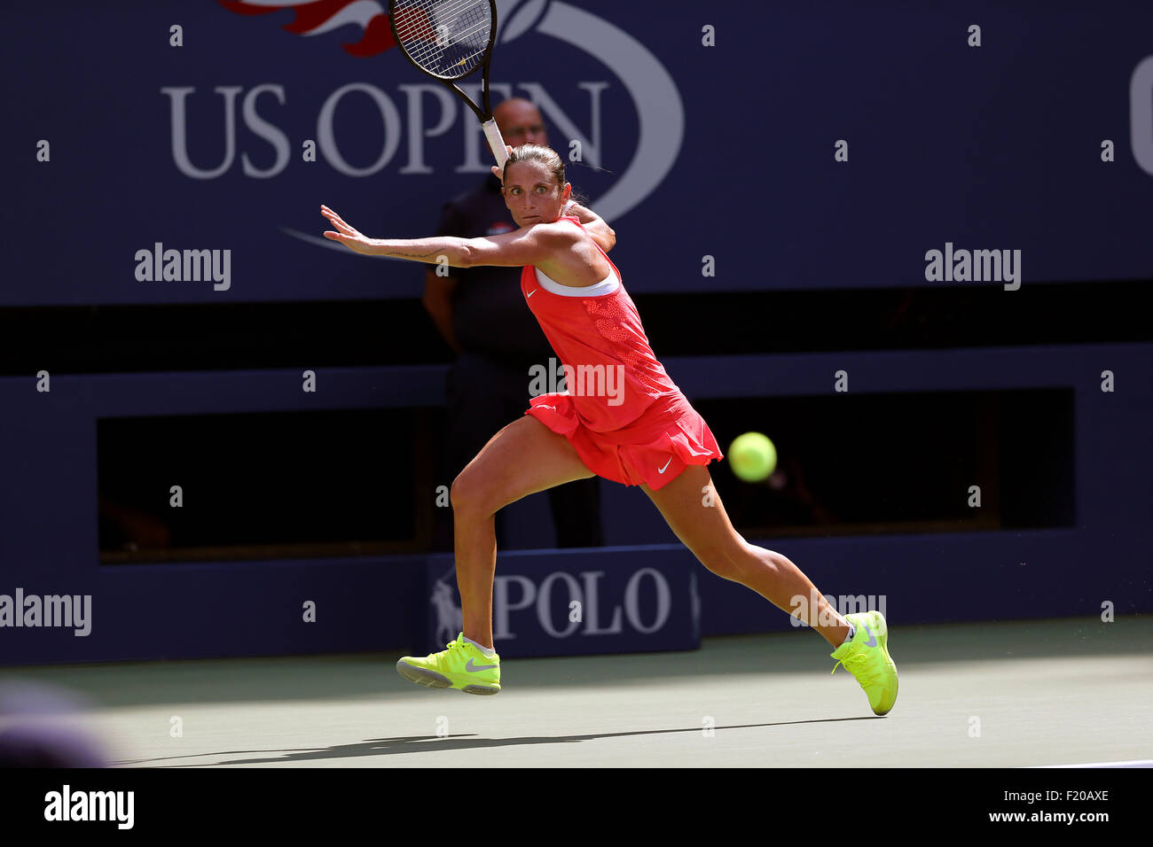 New York, USA. 08th Sep, 2015. Roberta Vinci of Italy in action against France's Kristina Mladenovic during their quarterfinal match at the U.S. Open in Flushing Meadows, New York on the afternoon of September 8th, 2015. Credit:  Adam Stoltman/Alamy Live News Stock Photo