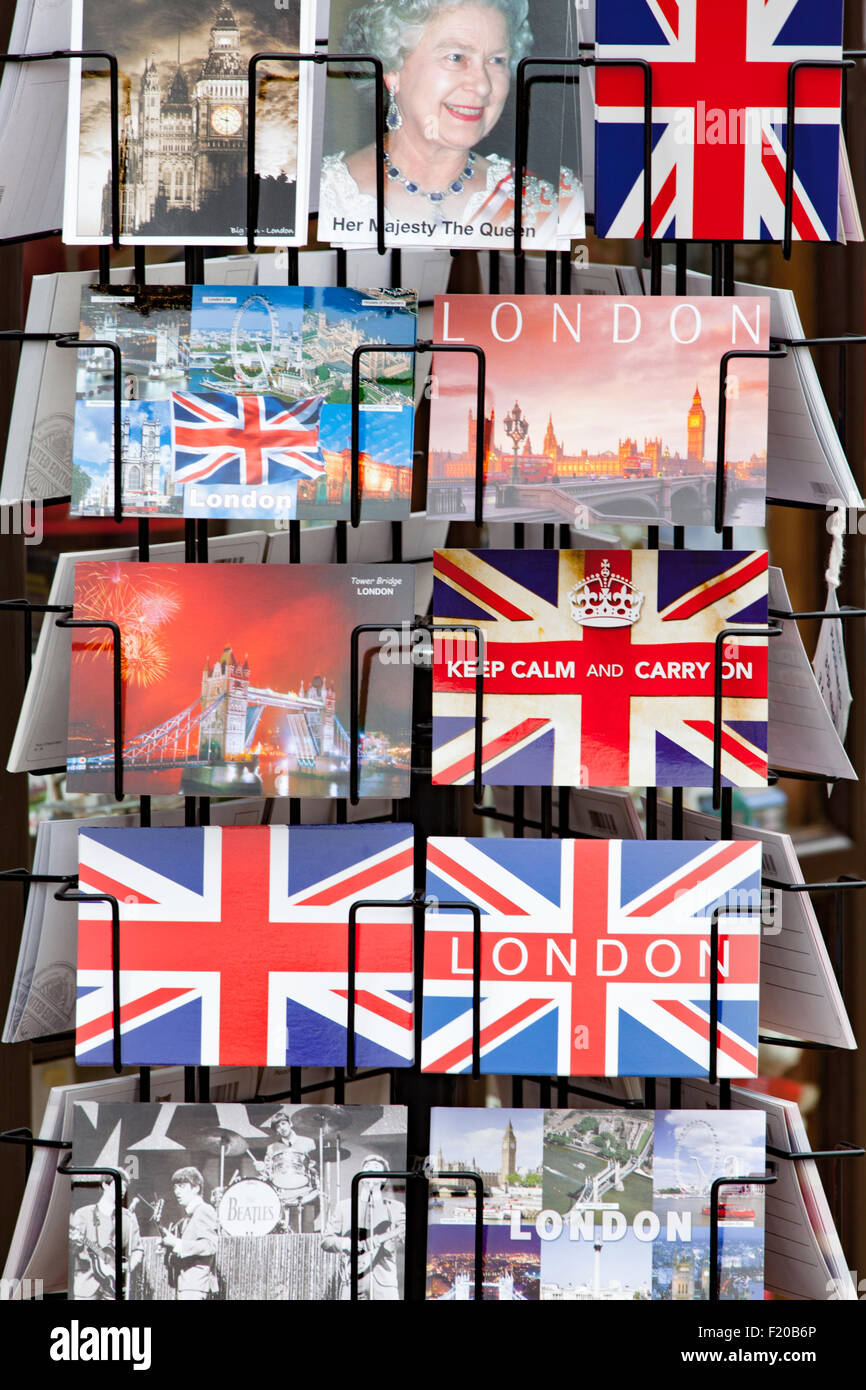 Postcard stand displaying images of the Queen, London and Union Jack, England UK. Stock Photo