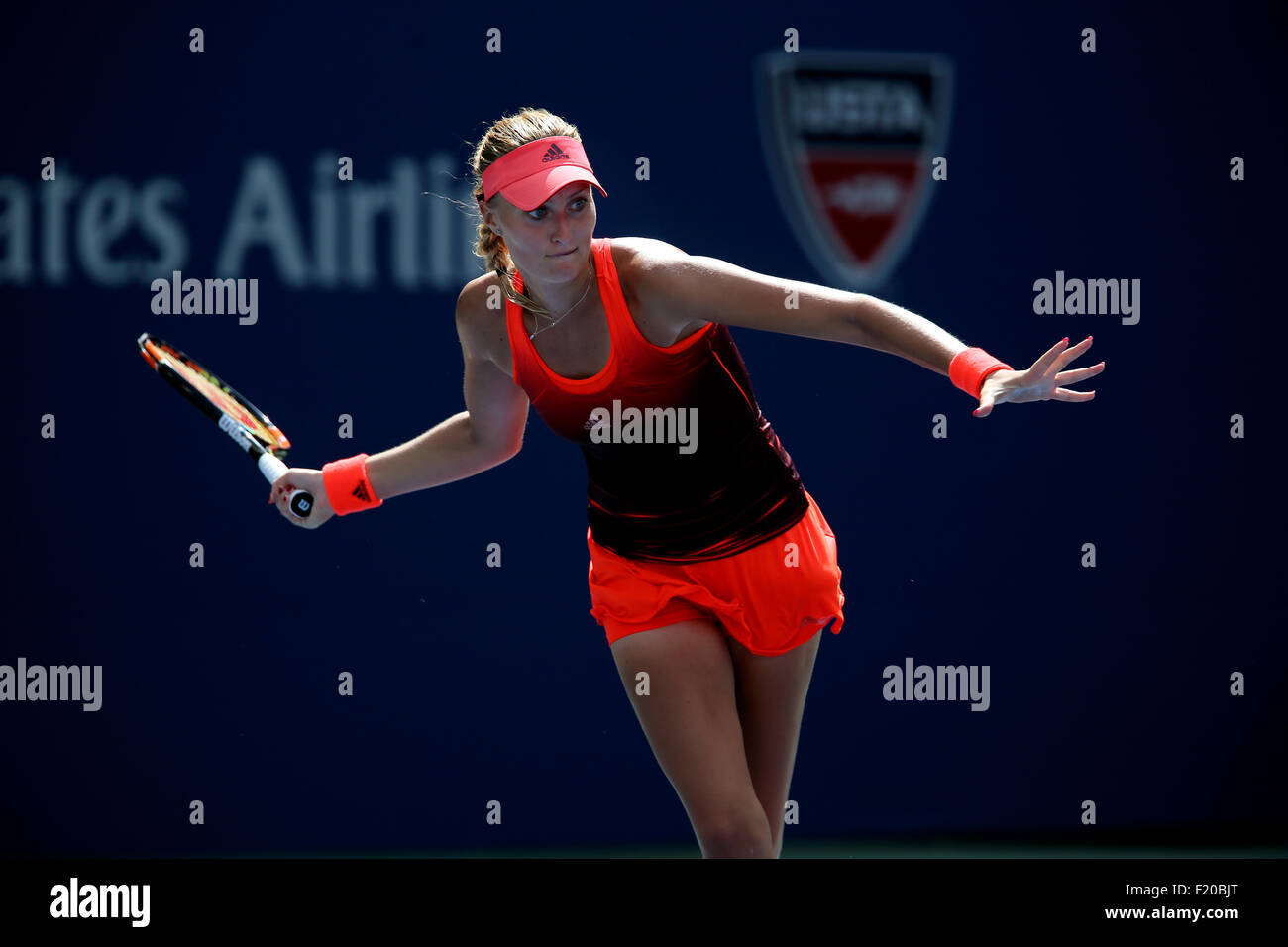 New York, USA. 08th Sep, 2015. France's Kristina Mladenovic in action against  Roberta Vinci of Italy  during their quarterfinal match at the U.S. Open in Flushing Meadows, New York on the afternoon of September 8th, 2015. Credit:  Adam Stoltman/Alamy Live News Stock Photo