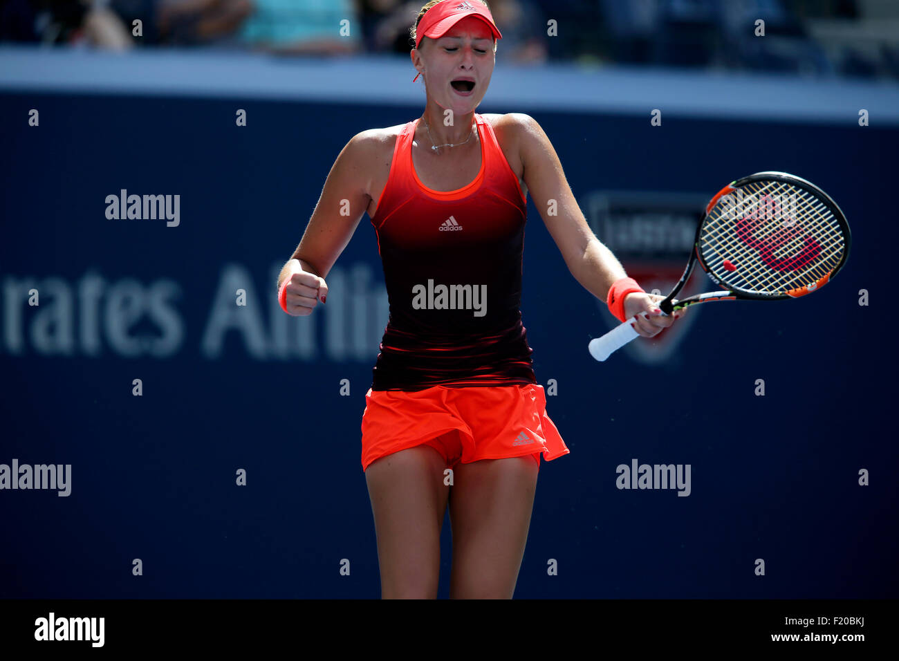 New York, USA. 08th Sep, 2015. France's Kristina Mladenovic in action against  Roberta Vinci of Italy  during their quarterfinal match at the U.S. Open in Flushing Meadows, New York on the afternoon of September 8th, 2015. Credit:  Adam Stoltman/Alamy Live News Stock Photo
