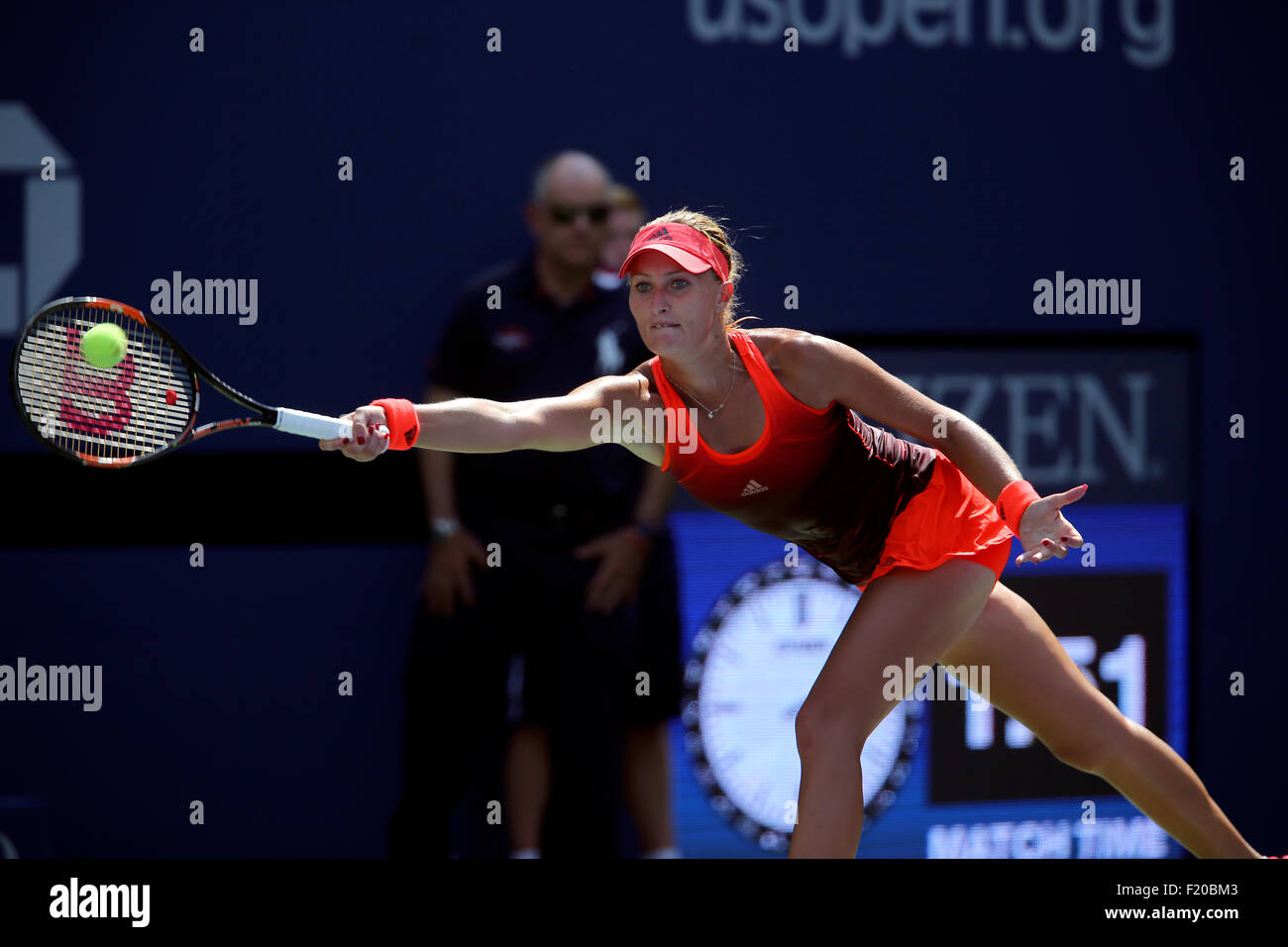 New York, USA. 08th Sep, 2015. France's Kristina Mladenovic in action against  Roberta Vinci of Italy  during their quarterfinal match at the U.S. Open in Flushing Meadows, New York on the afternoon of September 8th, 2015. Credit:  Adam Stoltman/Alamy Live News Stock Photo