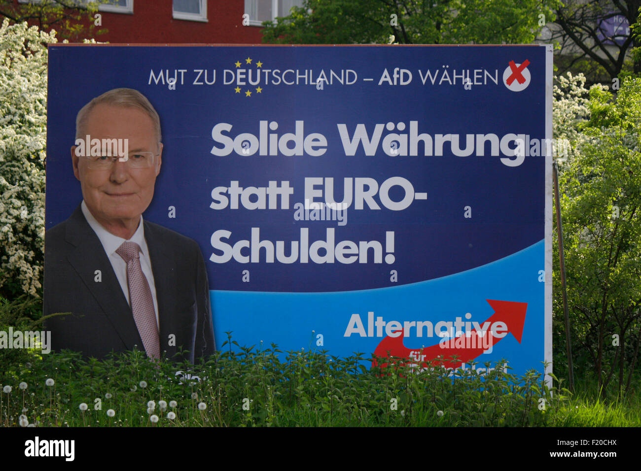 'Solide Waehrung statt Euro Schulden', Olaf Henkel, Alternative fuer Deutschland  - Wahlplakate zur anstehenden Europawahl, Berl Stock Photo