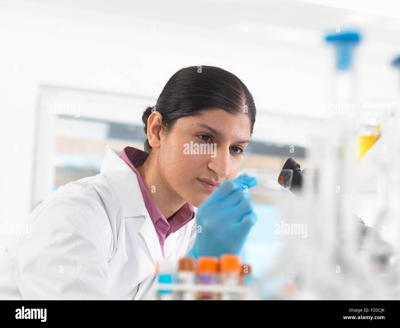 Young woman scientist viewing blood slide during clinical testing of medical samples in a laboratory Stock Photo