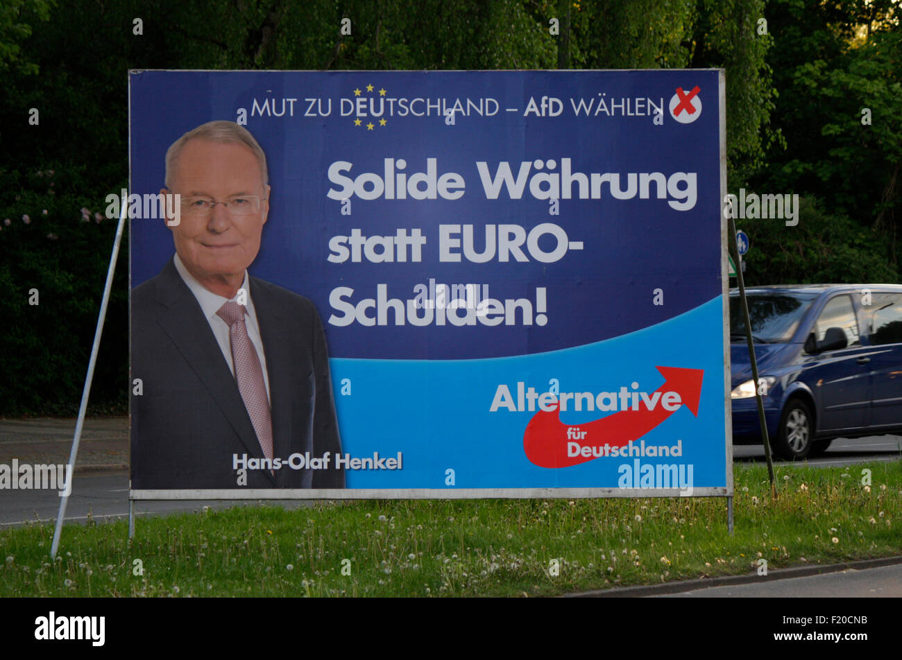 'Solide Waehrung statt Euro Schulden', Olaf Henkel, Alternative fuer Deutschland  - Wahlplakate zur anstehenden Europawahl, Berl Stock Photo