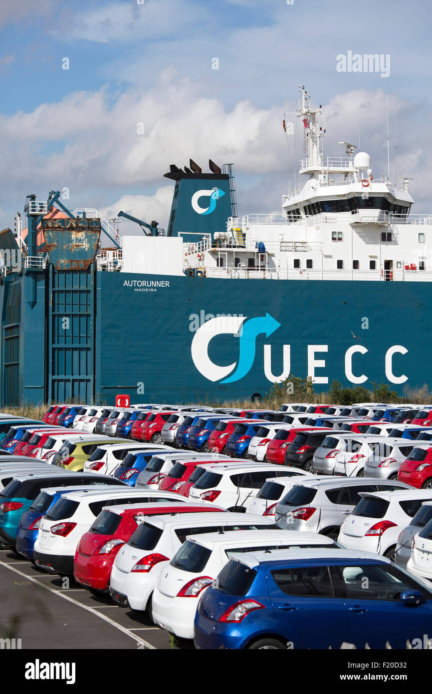 Imported new Suzuki vehicles at Grimsby docks cars waiting to be delivered to garages around the UK. Stock Photo