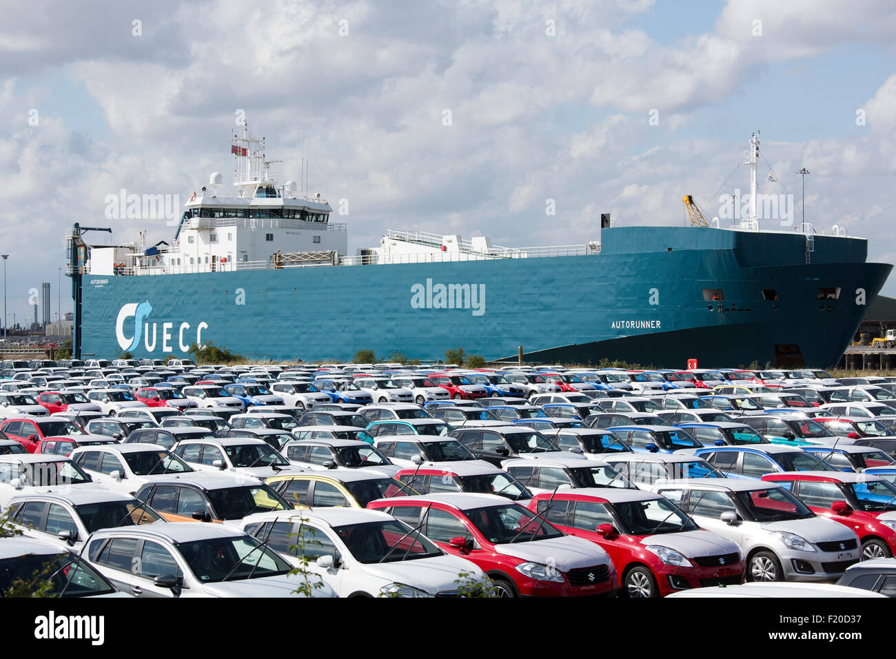 Imported new Suzuki vehicles at Grimsby docks cars waiting to be delivered to garages around the UK Stock Photo