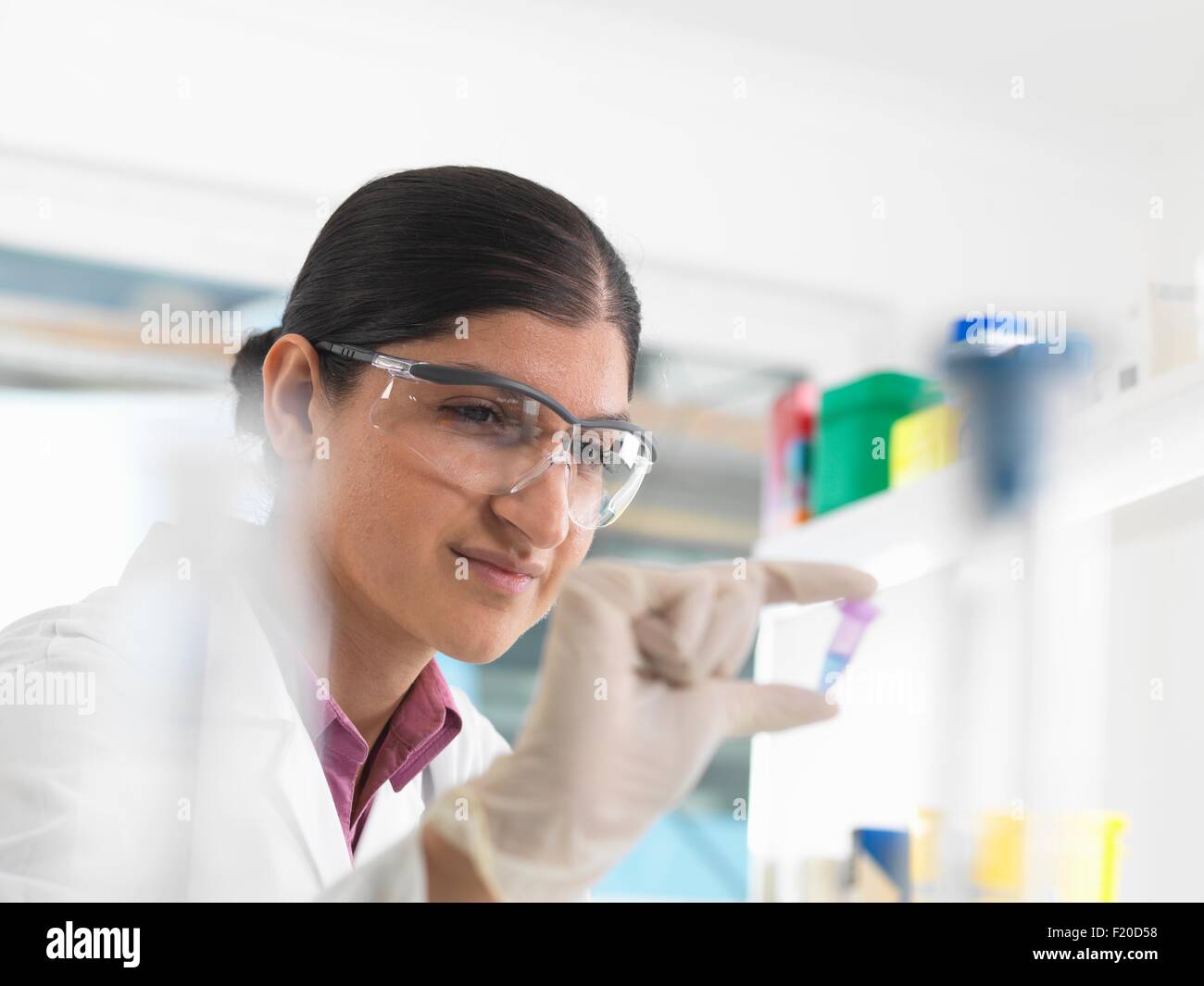 Female scientist viewing sample in eppendorf ahead of DNA testing in a laboratory. Stock Photo