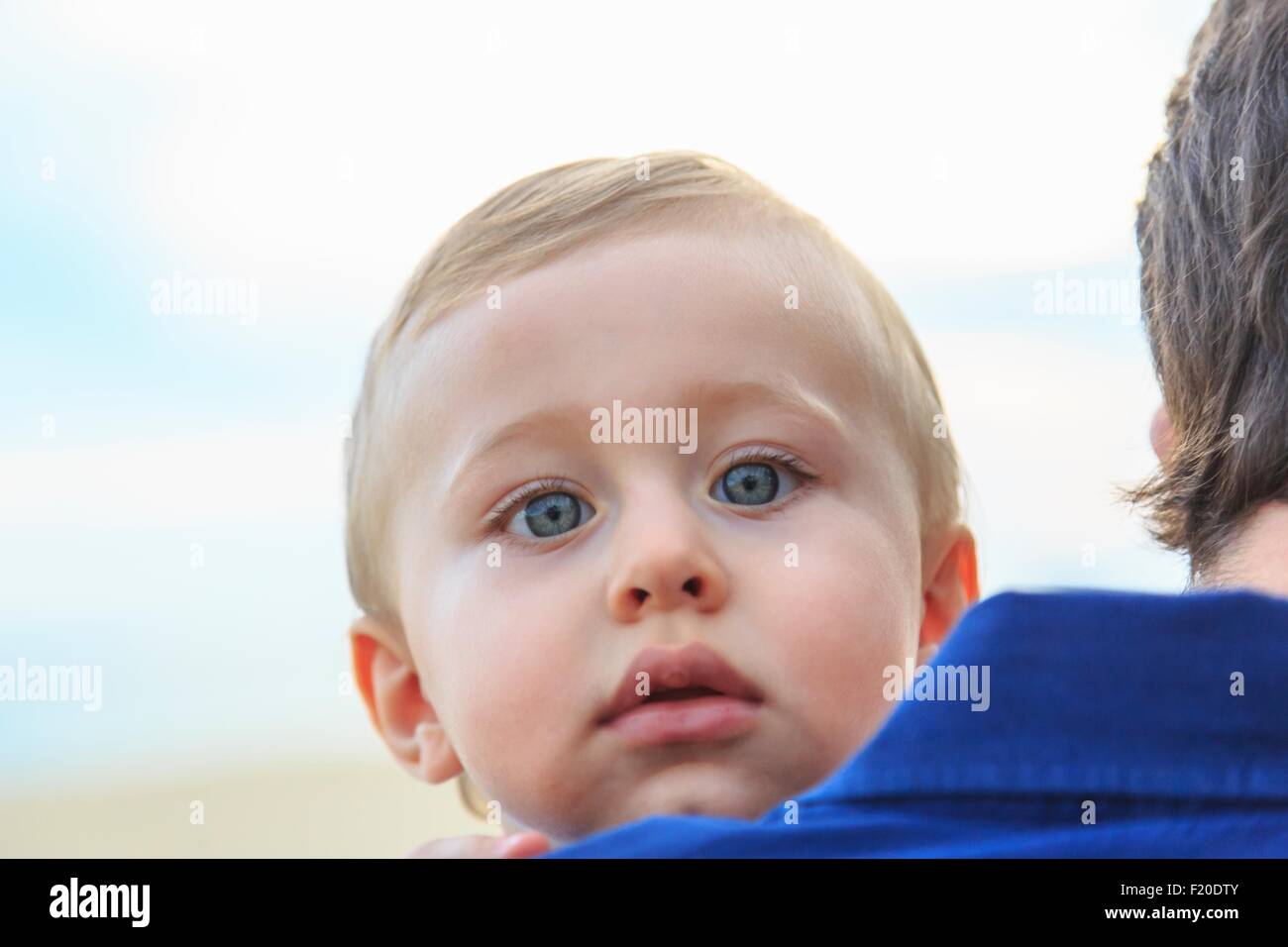Baby boy looking over father's shoulder Stock Photo