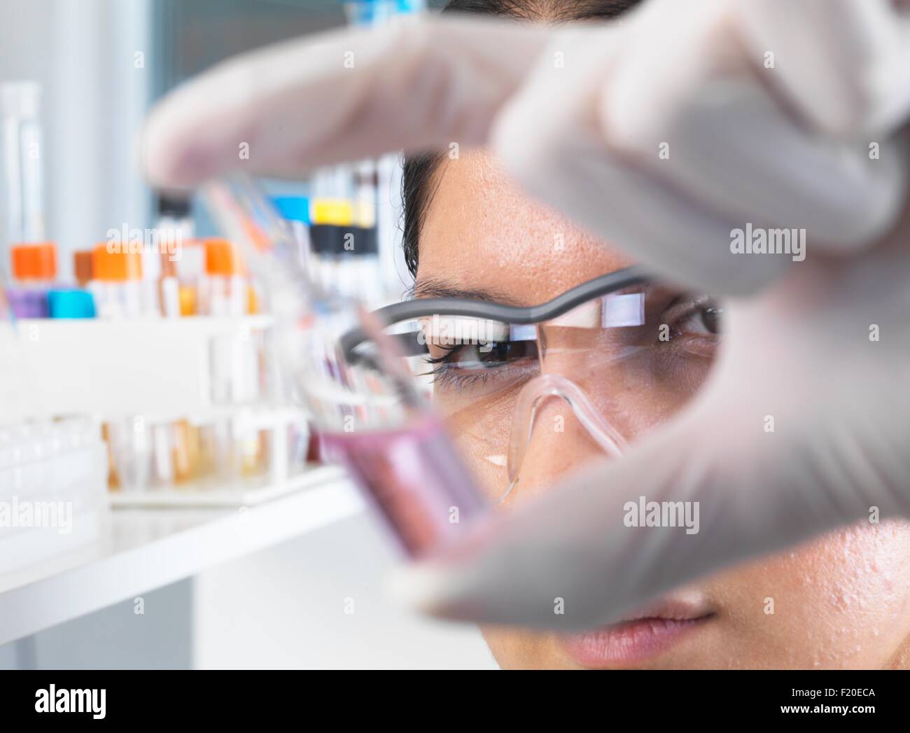 Close up of female scientist trialing medical drug ampule in laboratory Stock Photo