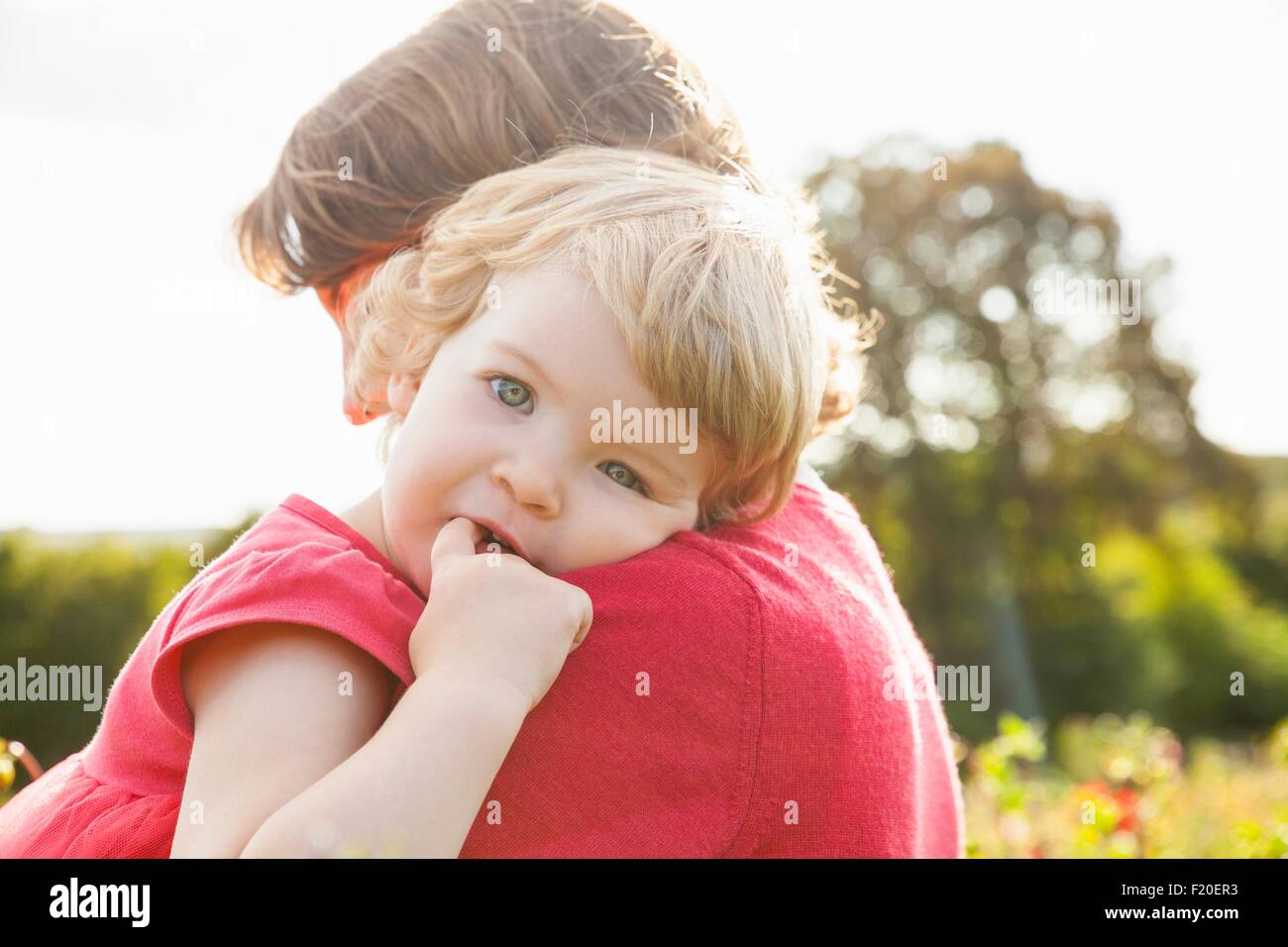 Portrait of toddler daughter resting on mothers shoulder in flower field Stock Photo