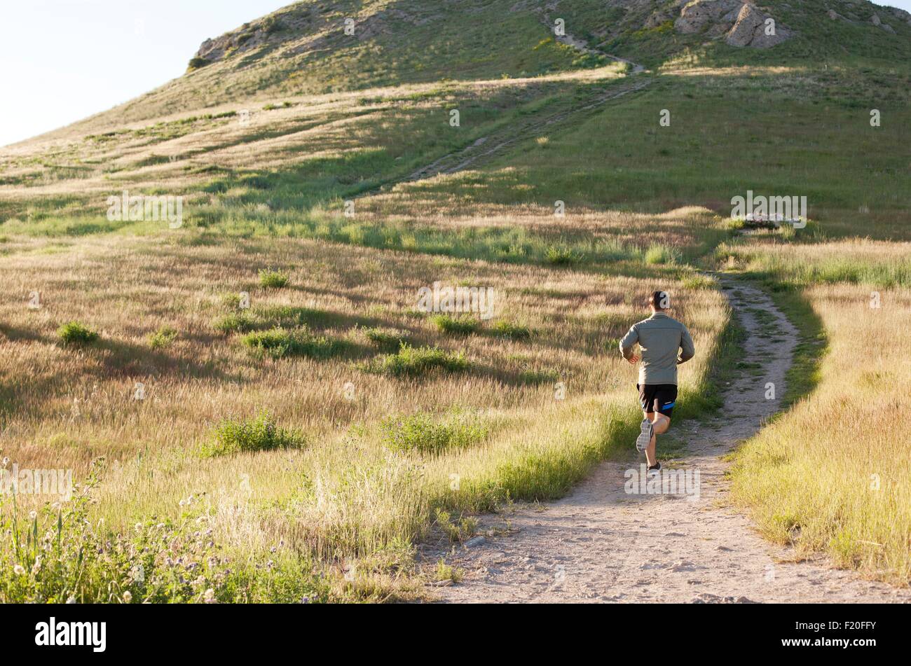 Rear view of young male runner running up hillside track Stock Photo