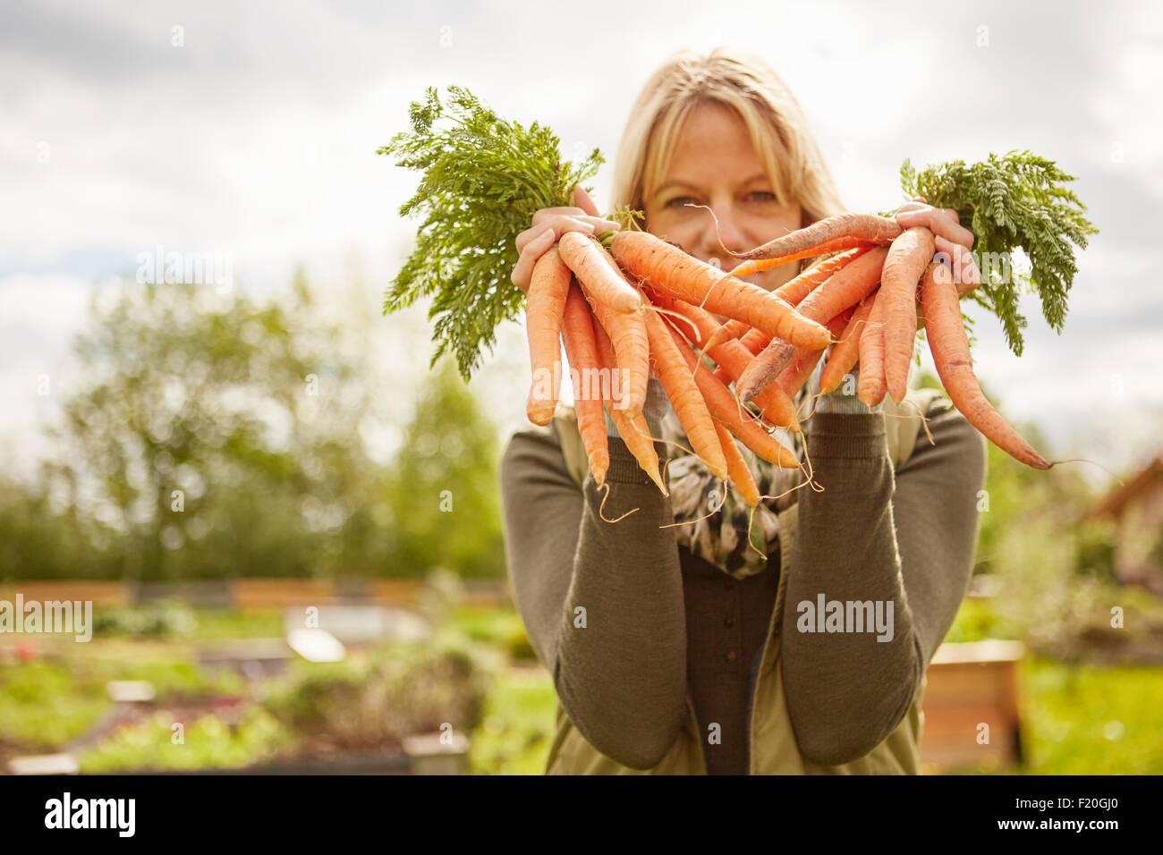 Portrait of mature woman, outdoors, holding two bunches of carrots Stock Photo