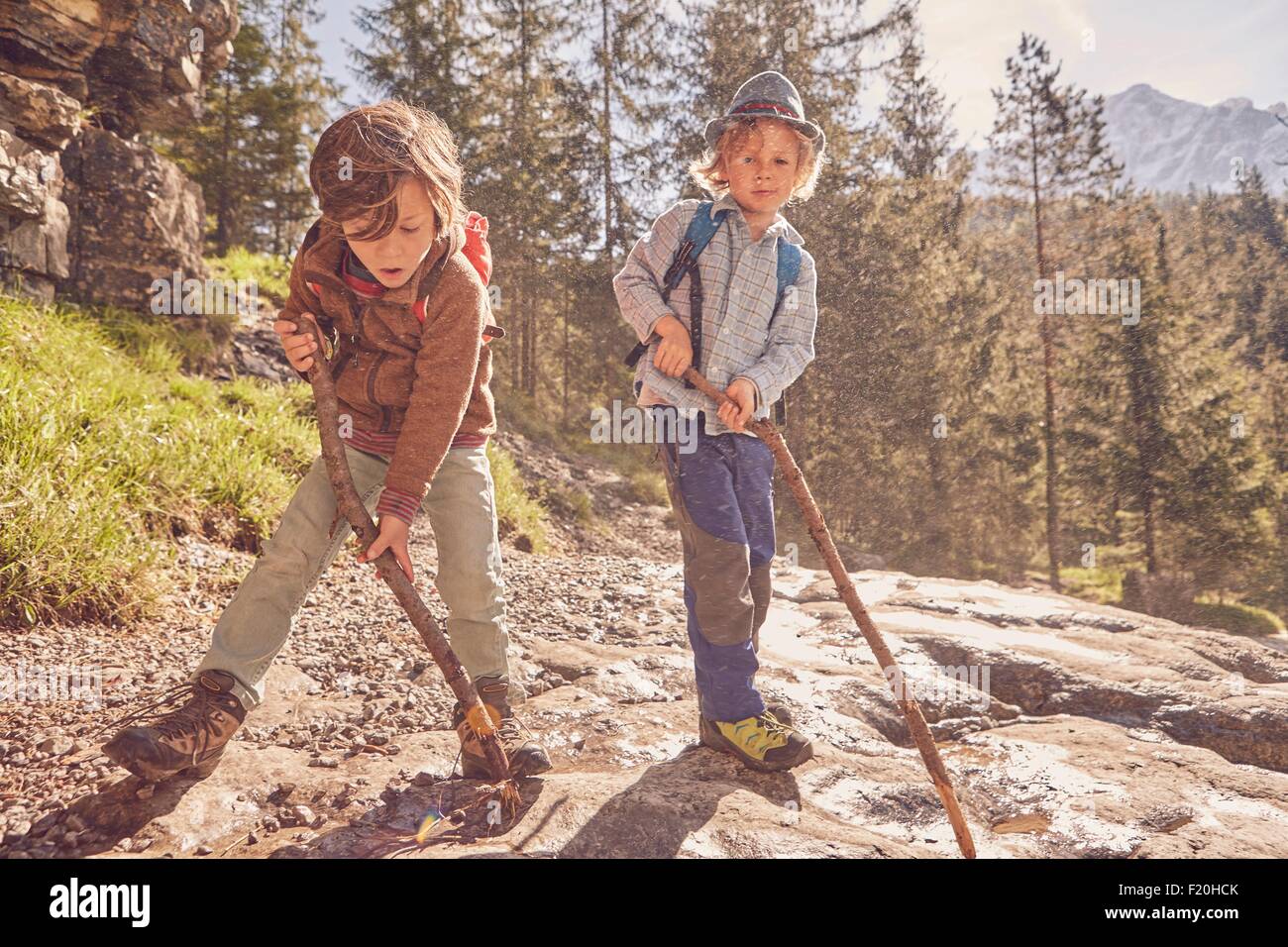 Two young boys, holding sticks, exploring forest Stock Photo