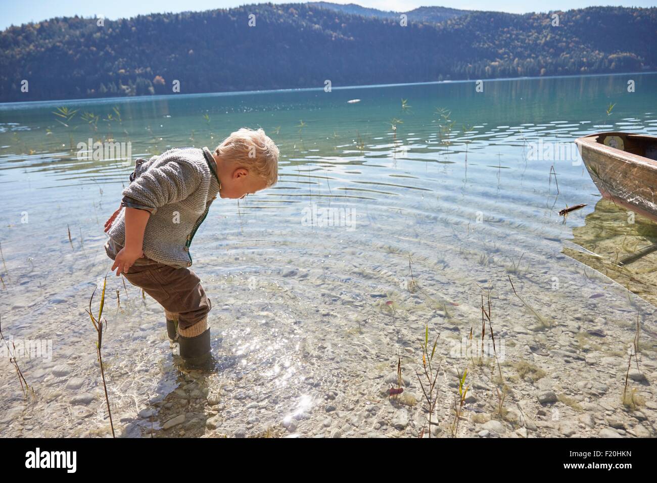 Boy paddling and looking down into lake, Kochel, Bavaria, Germany Stock Photo