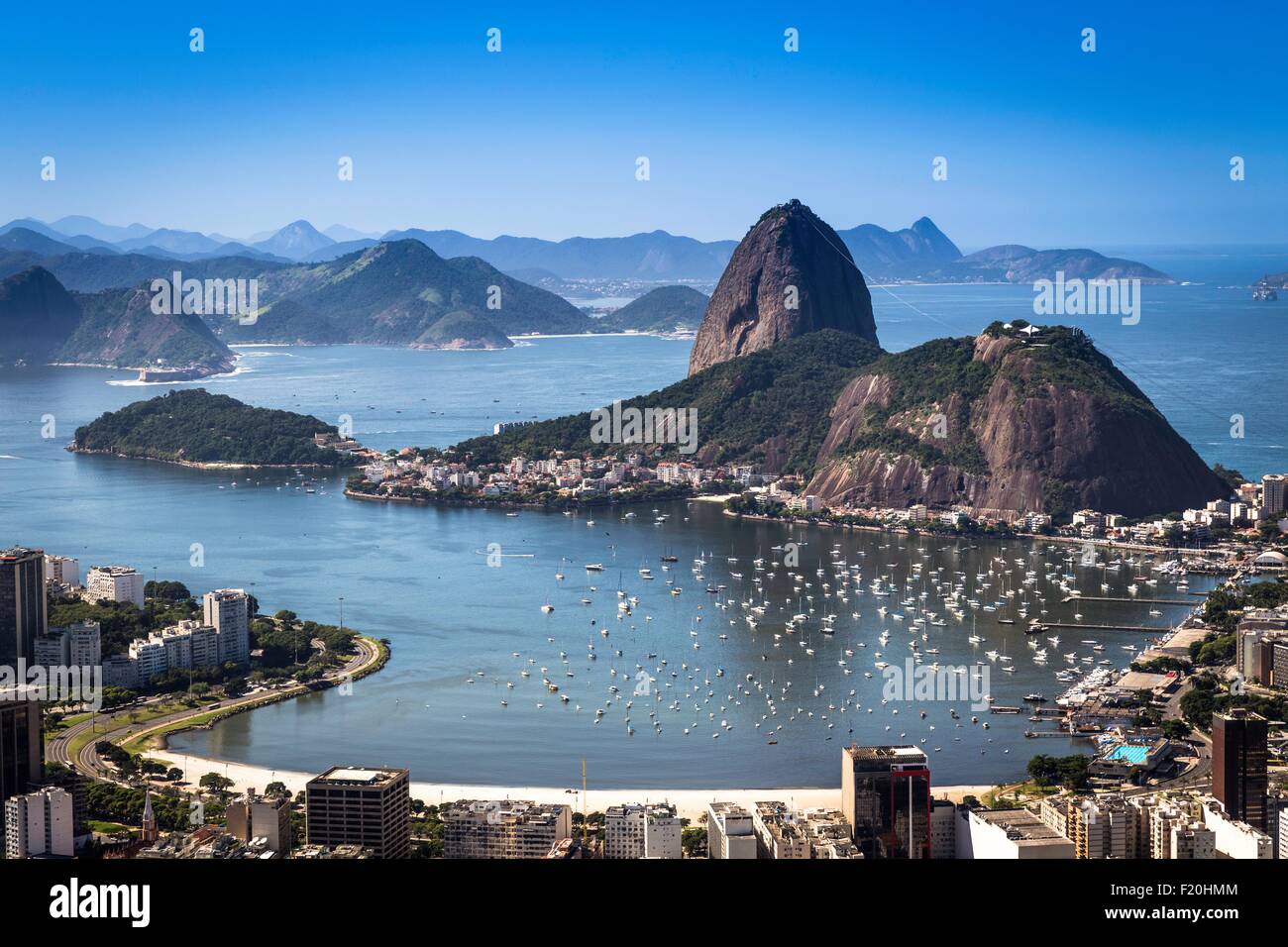 Elevated view of Sugarloaf mountain and Guanabara Bay, Rio de Janeiro, Brazil Stock Photo