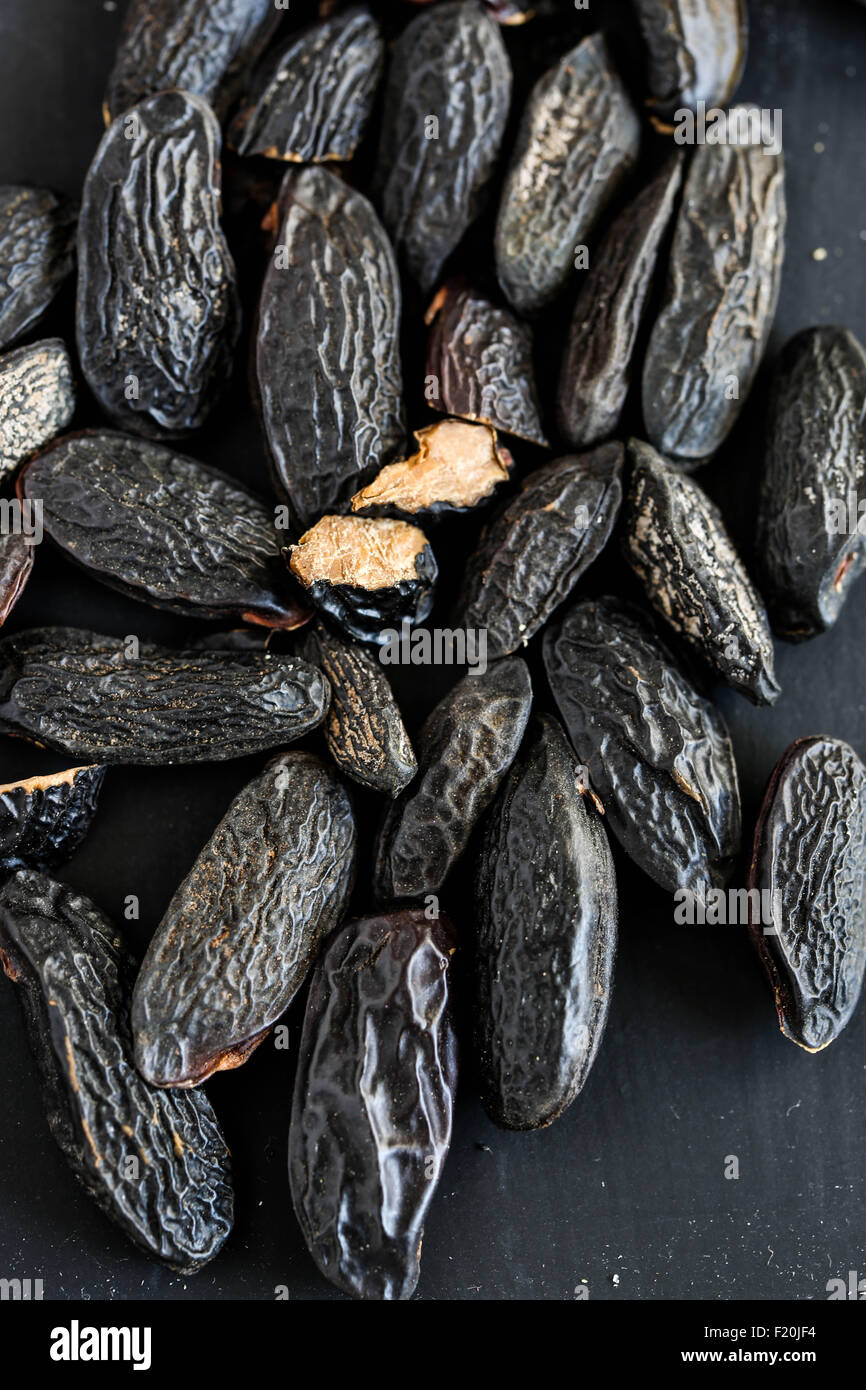 Tonka bean on a black slate background Stock Photo Alamy