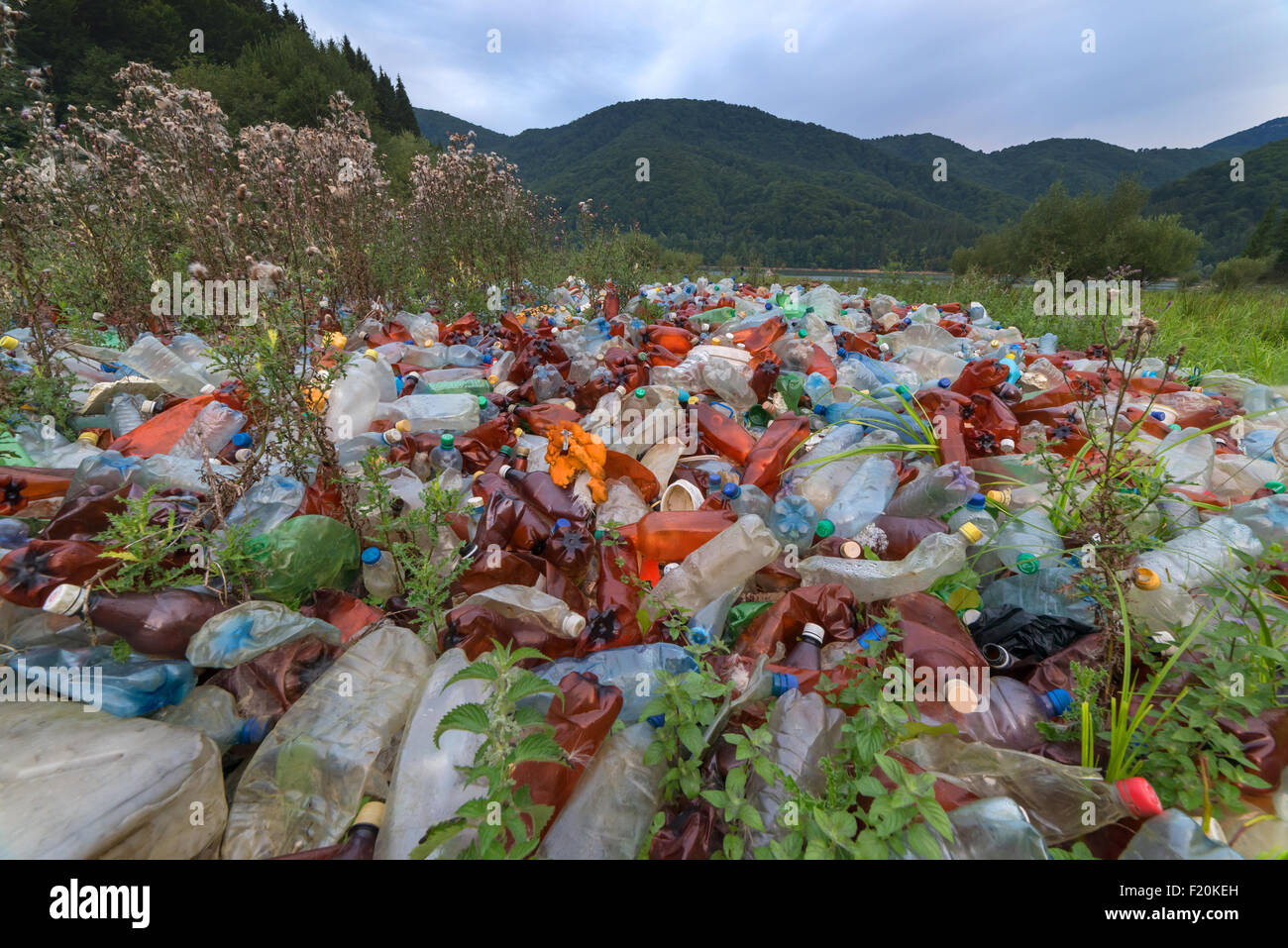 plastic garbage on mountains closeup Stock Photo