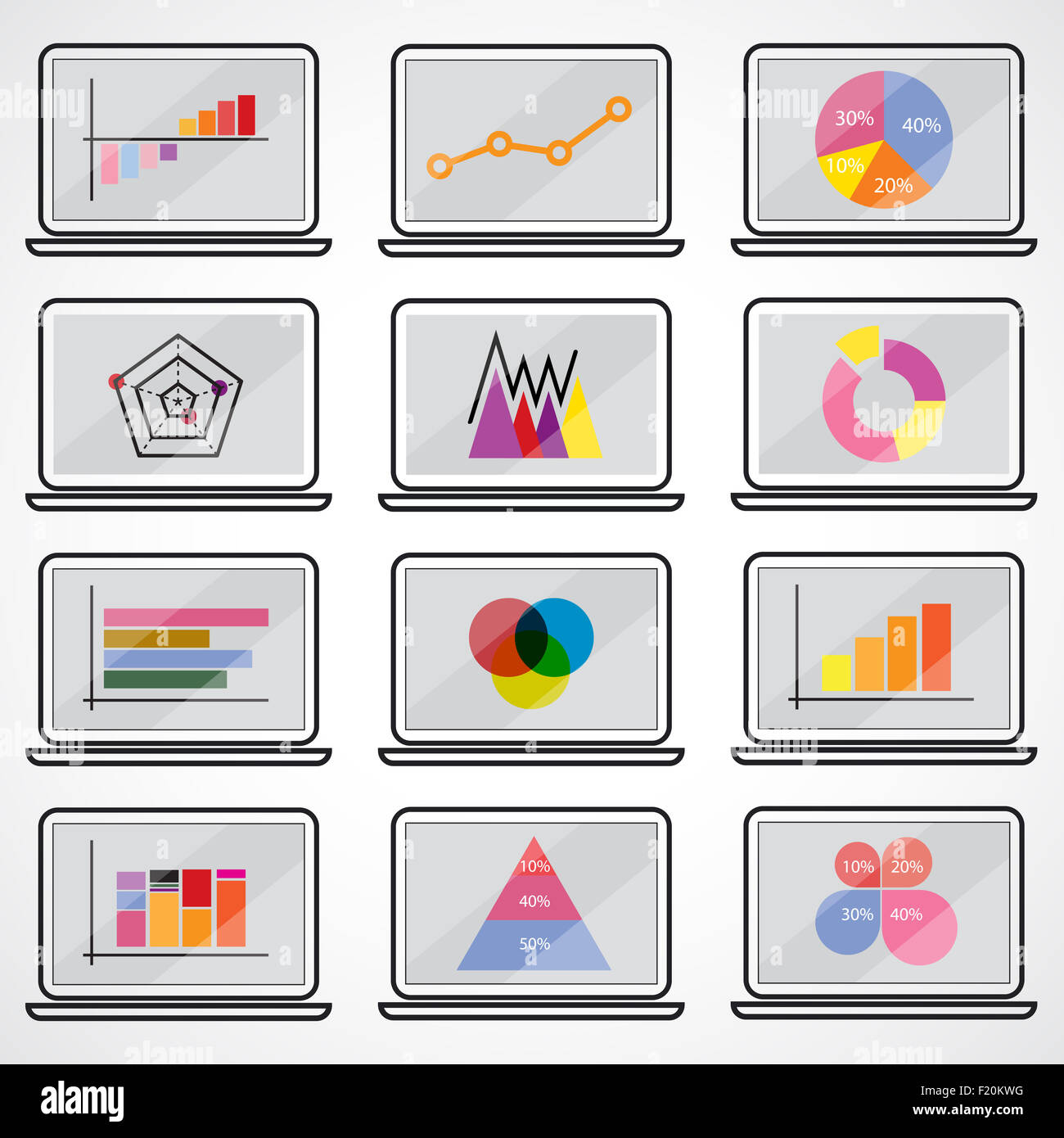 Business data market elements dot bar pie charts diagrams.Graphs flat icons set on notebook. Stock Photo