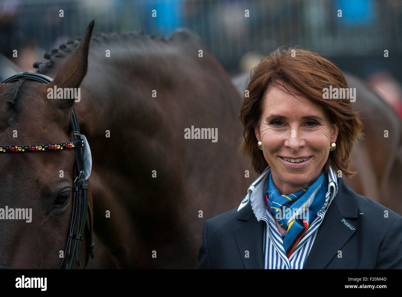 Blair Atholl,  Scotland, UK. 9th September, 2015. Bettina Hoy [GER] with Designer 10 at the first inspection. The FEI European Eventing Championships 2015 Blair Castle Credit:  Stephen Bartholomew/Alamy Live News Stock Photo