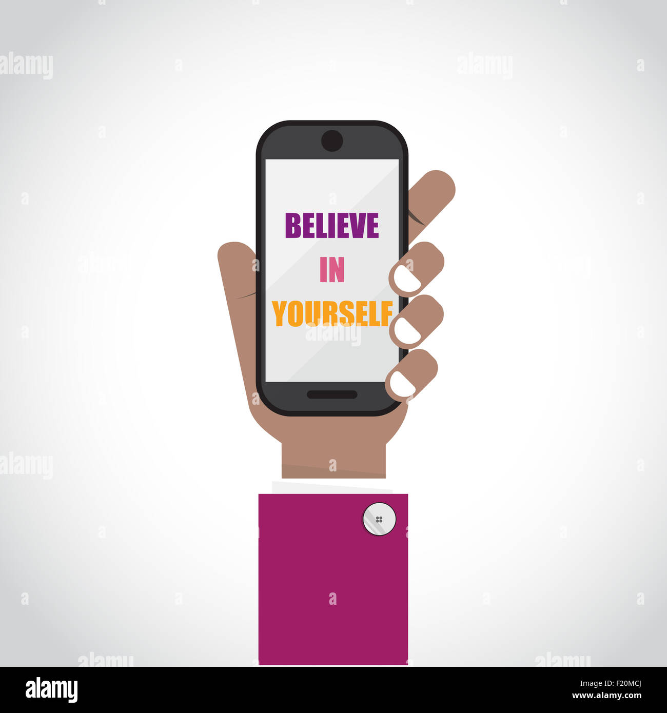Businessman with smartphone symbol with 'Believe in yourself 'concept idea. Creative Typography Concept. Stock Photo