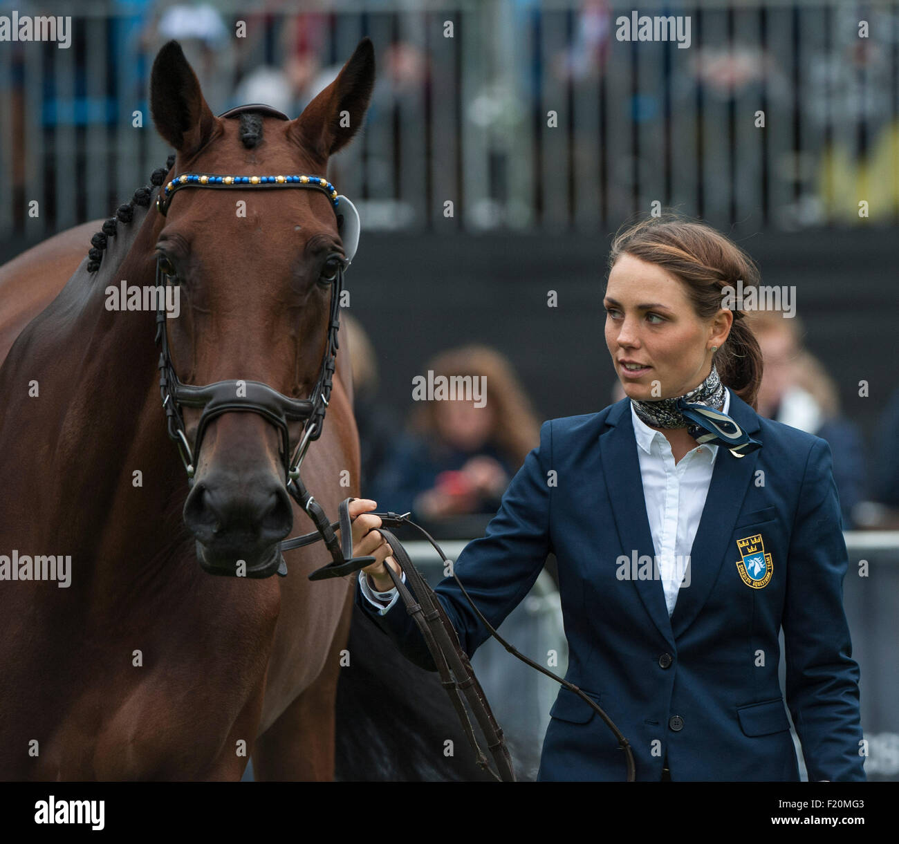 Blair Atholl,  Scotland, UK. 9th September, 2015. Louise Svensson-Jahde [SWE] with Viva 29 at the first inspection. The FEI European Eventing Championships 2015 Blair Castle Credit:  Stephen Bartholomew/Alamy Live News Stock Photo