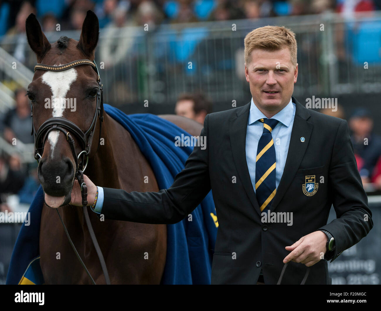 Blair Atholl,  Scotland, UK. 9th September, 2015. Nicklas Lindback [SWE] with Cendrillon at the first inspection. The FEI European Eventing Championships 2015 Blair Castle Credit:  Stephen Bartholomew/Alamy Live News Stock Photo