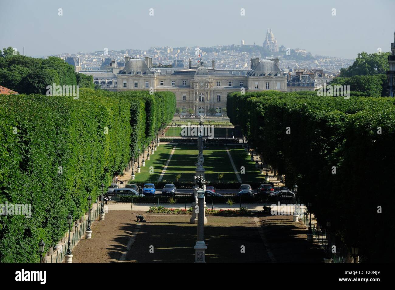 France, Paris, Along the Jardin du Luxembourg, the Avenue of the Observatory, In the background, the Senate,(height view) Stock Photo