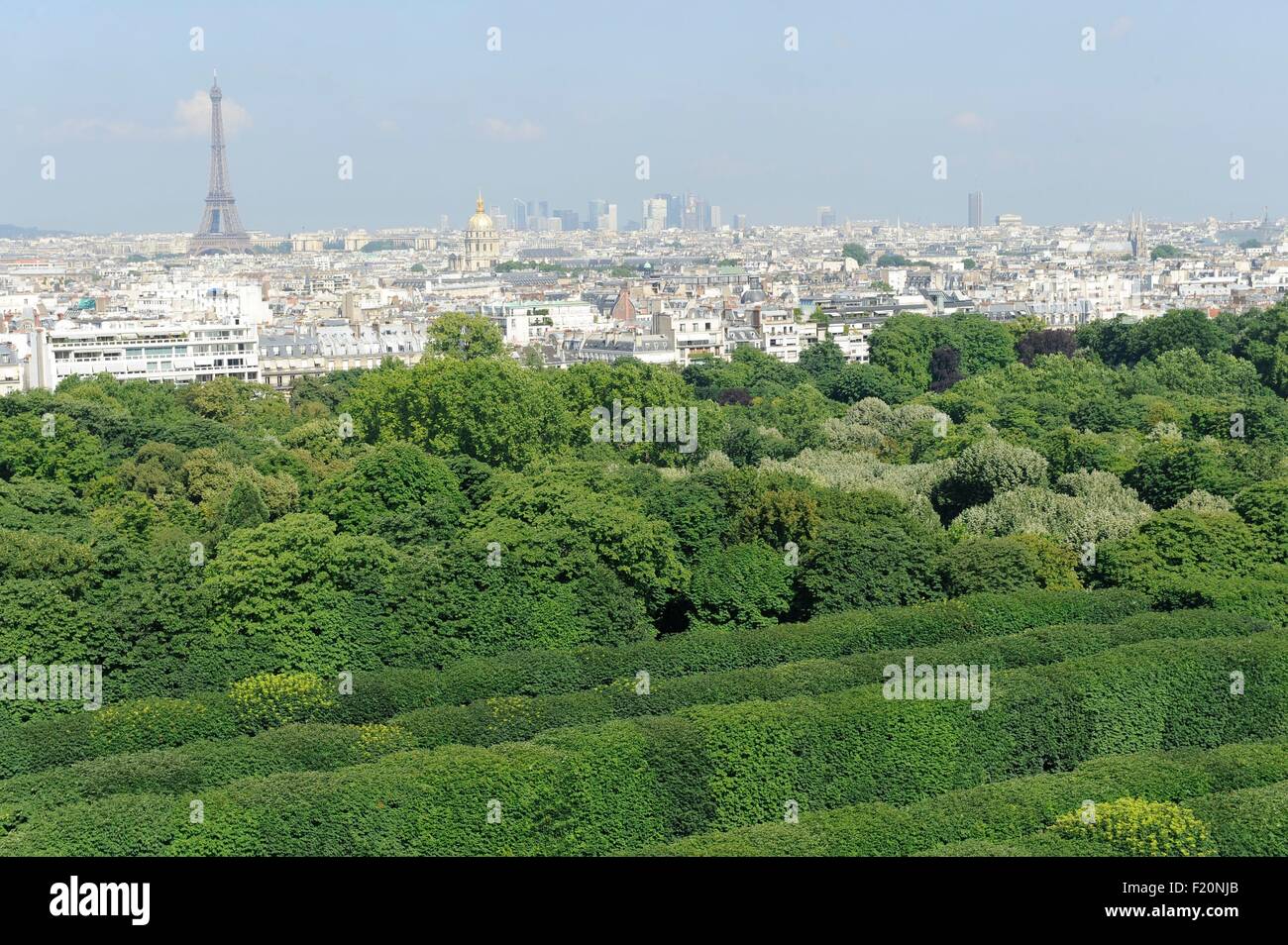 France, Paris, Since the Luxembourg Gardens, a general view towards the Eiffel Tower (aerial view) Stock Photo