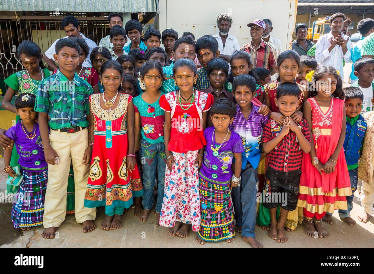 India, Tamil Nadu state, Karuppkkal, children in their new clothes for Pongal the harvest festival Stock Photo