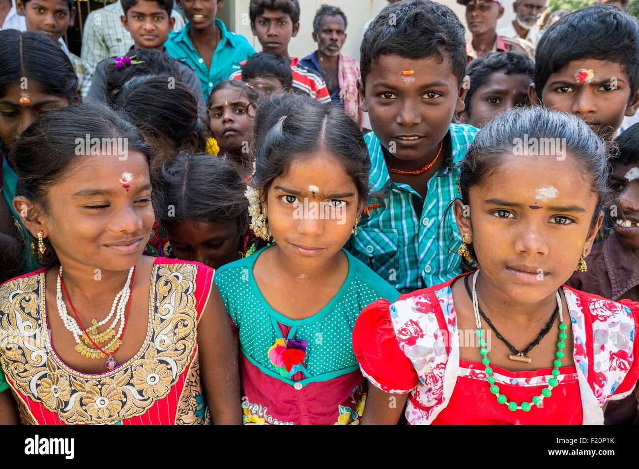 India, Tamil Nadu state, Karuppkkal, children in their new clothes for Pongal the harvest festival Stock Photo