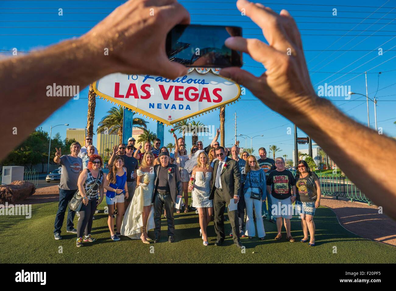 United States, Nevada, the Strip, Las Vegas sign on Las Vegas Boulevard Stock Photo