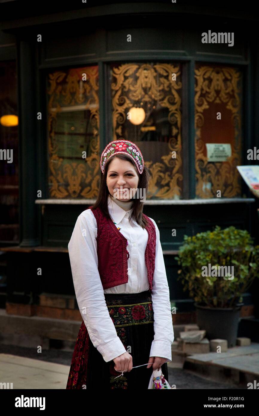 Hungary, Budapest, listed as World Heritage by UNESCO, traditional dressed lady in Vaci street Stock Photo