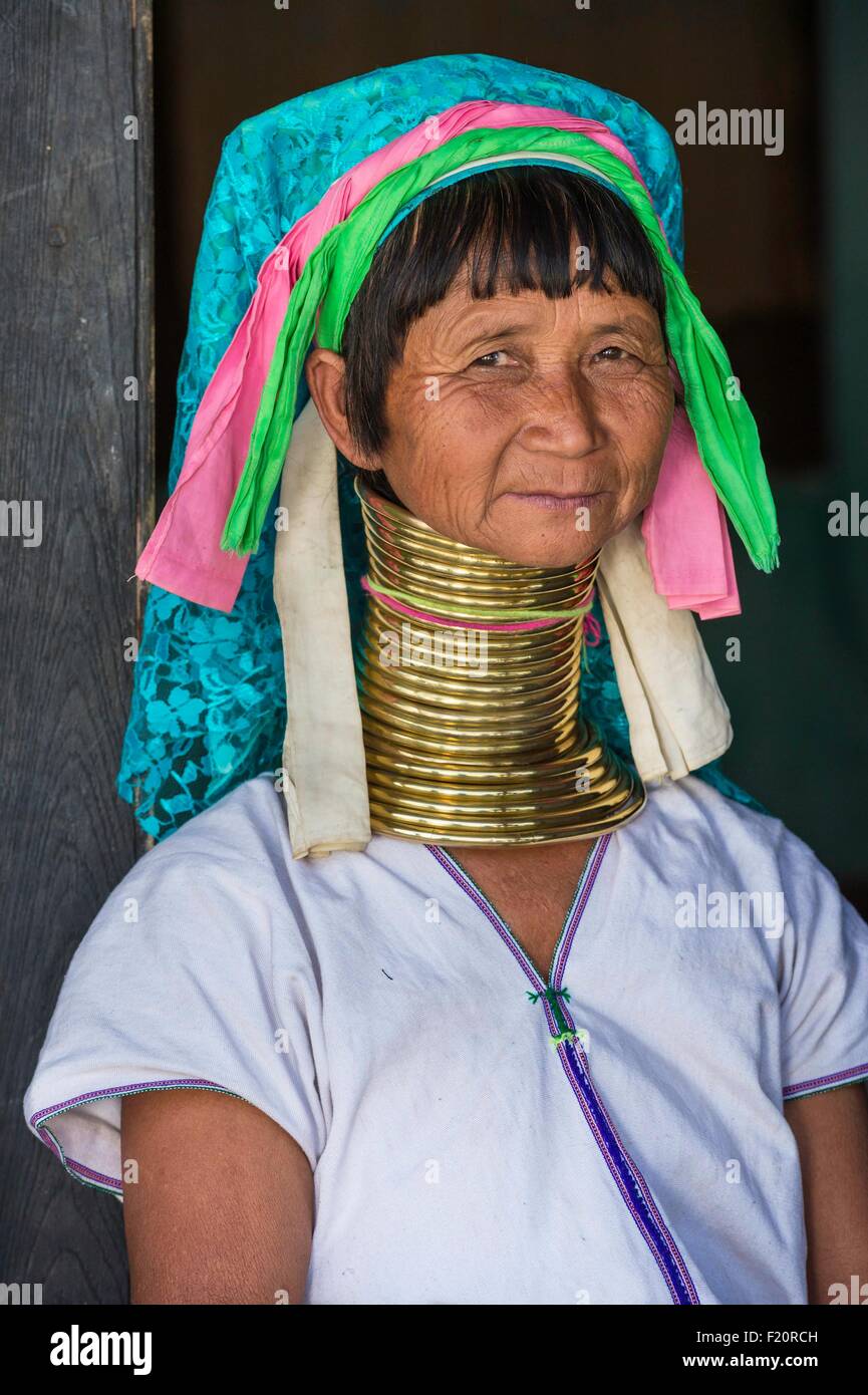 Myanmar (Burma), Kayah state, Kayan tribe (Padaung), Loikaw area, Kon Ta, Moe Bu a woman named giraffe women Stock Photo