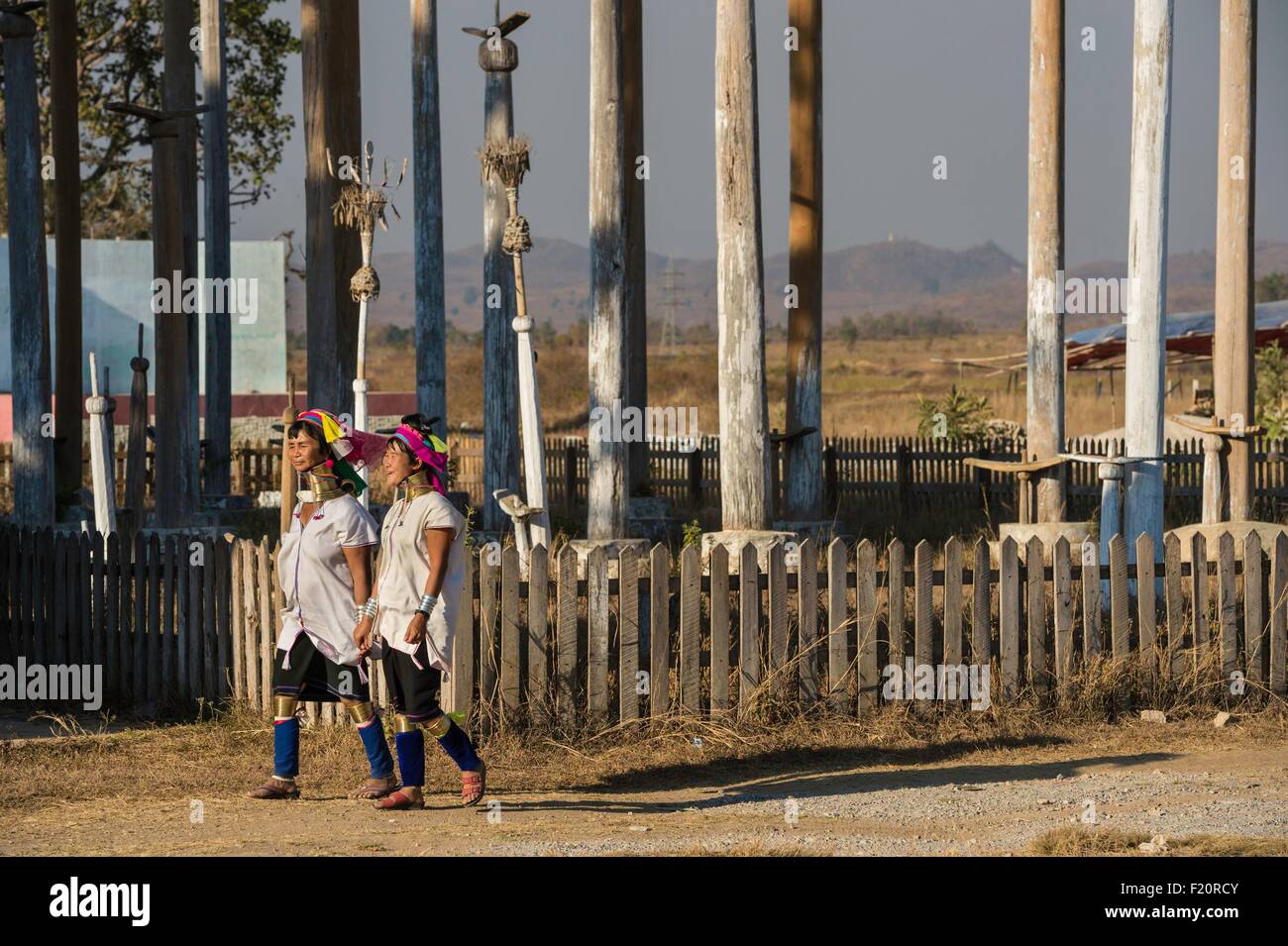 Myanmar (Burma), Kayah state, Kayan tribe (Padaung), Chikae, nats (birman spirit) poles Stock Photo