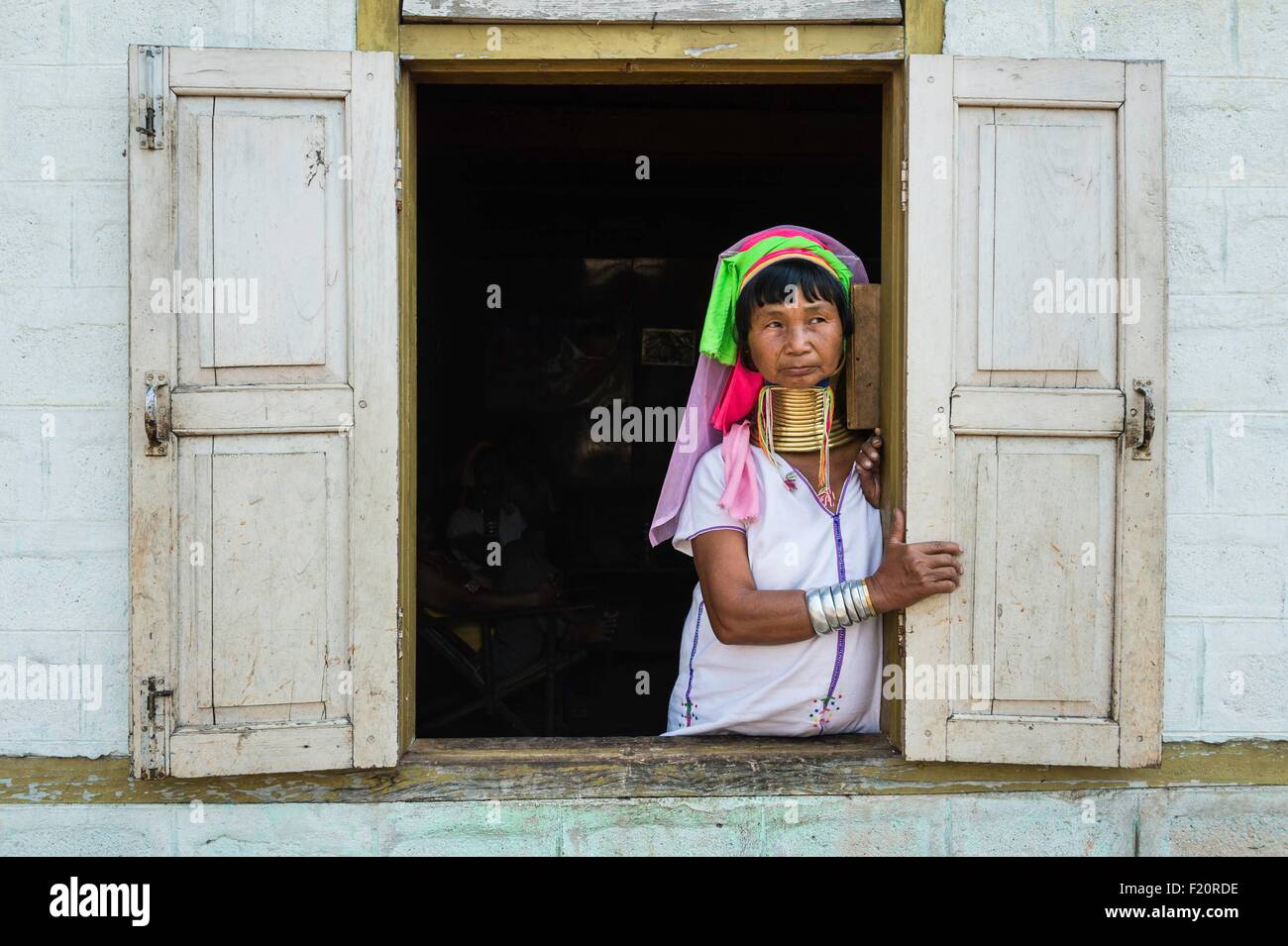 Myanmar (Burma), Kayah state, Kayan tribe (Padaung), Loikaw area, Kon Ta, Moe Su a woman named giraffe women Stock Photo