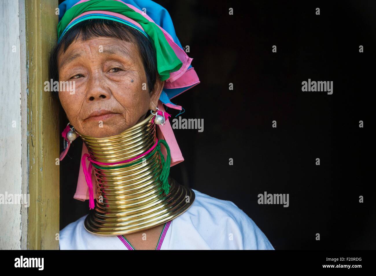 Myanmar (Burma), Kayah state, Kayan tribe (Padaung), Loikaw area, Kon Ta, Moe Ki a woman named giraffe women Stock Photo
