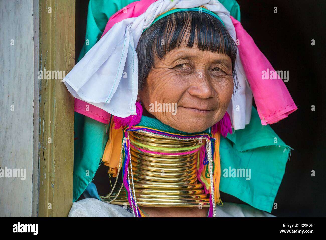 Myanmar (Burma), Kayah state, Kayan tribe (Padaung), Loikaw area, Kon Ta, Moe Bu a woman named giraffe women Stock Photo