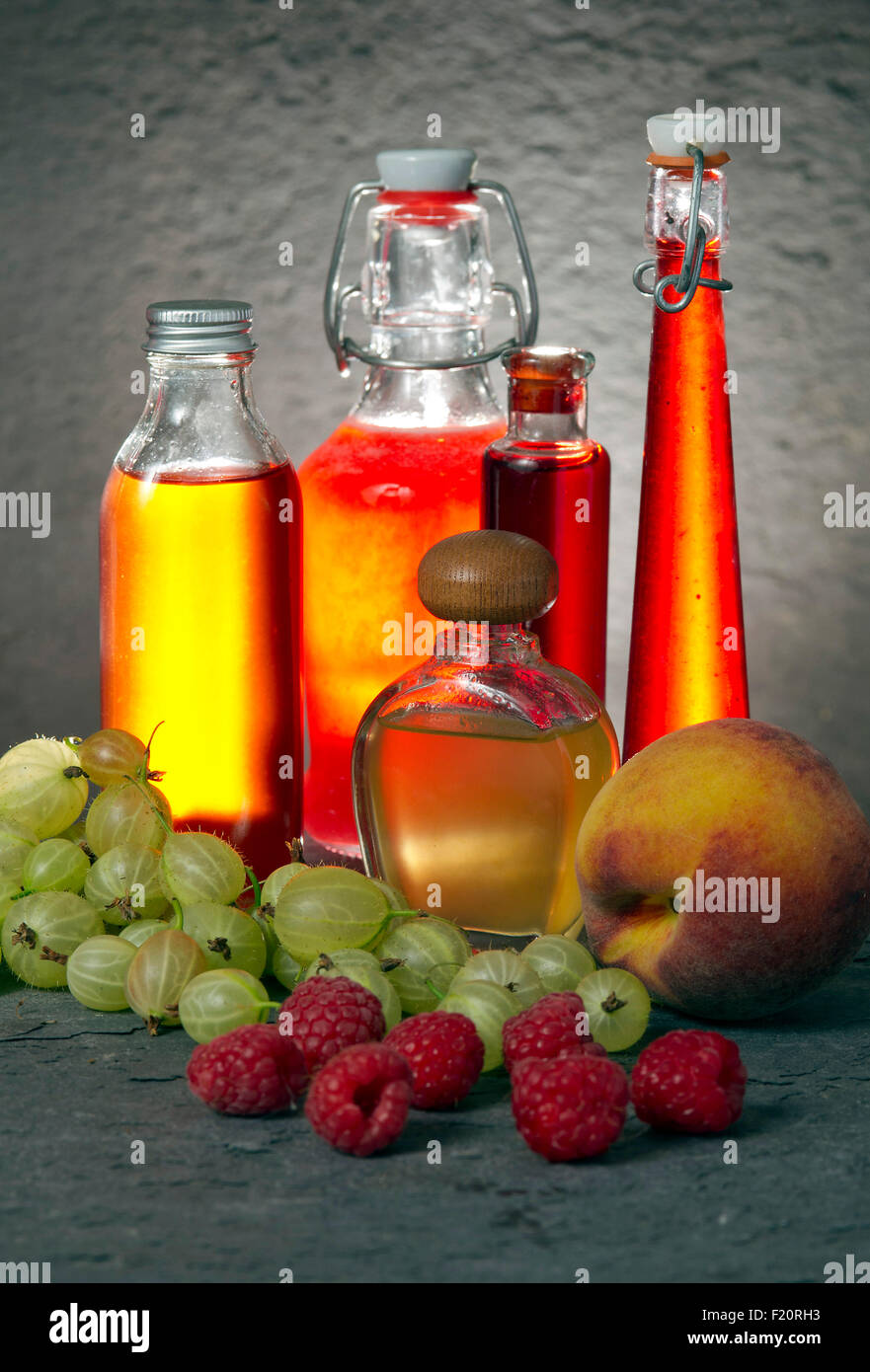 Cold infused fruit syrups, also in pictures are gooseberries, peaches